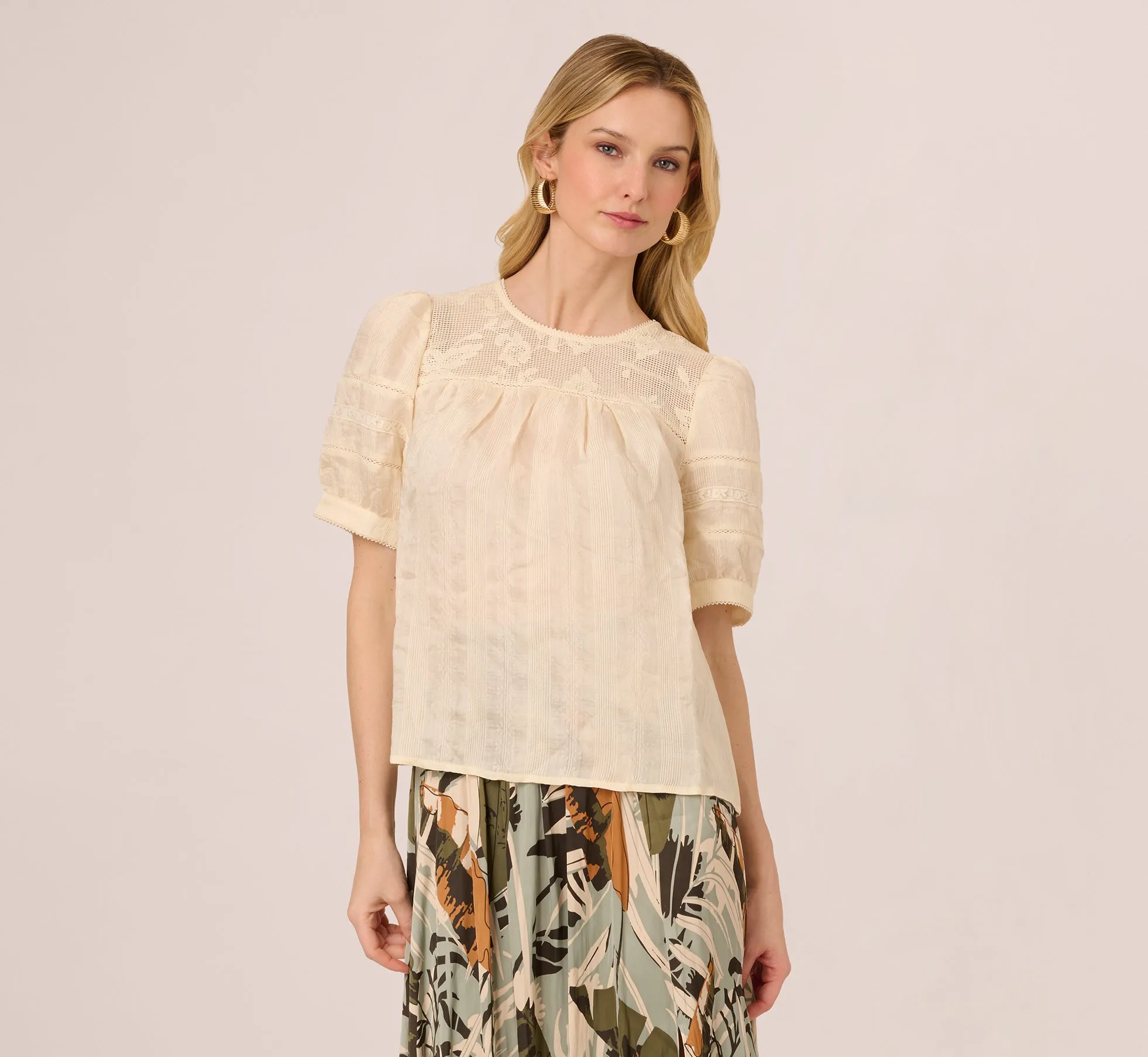 Puff Sleeve Lace Yoke Top In Barely Beige sold by Adrianna Papell