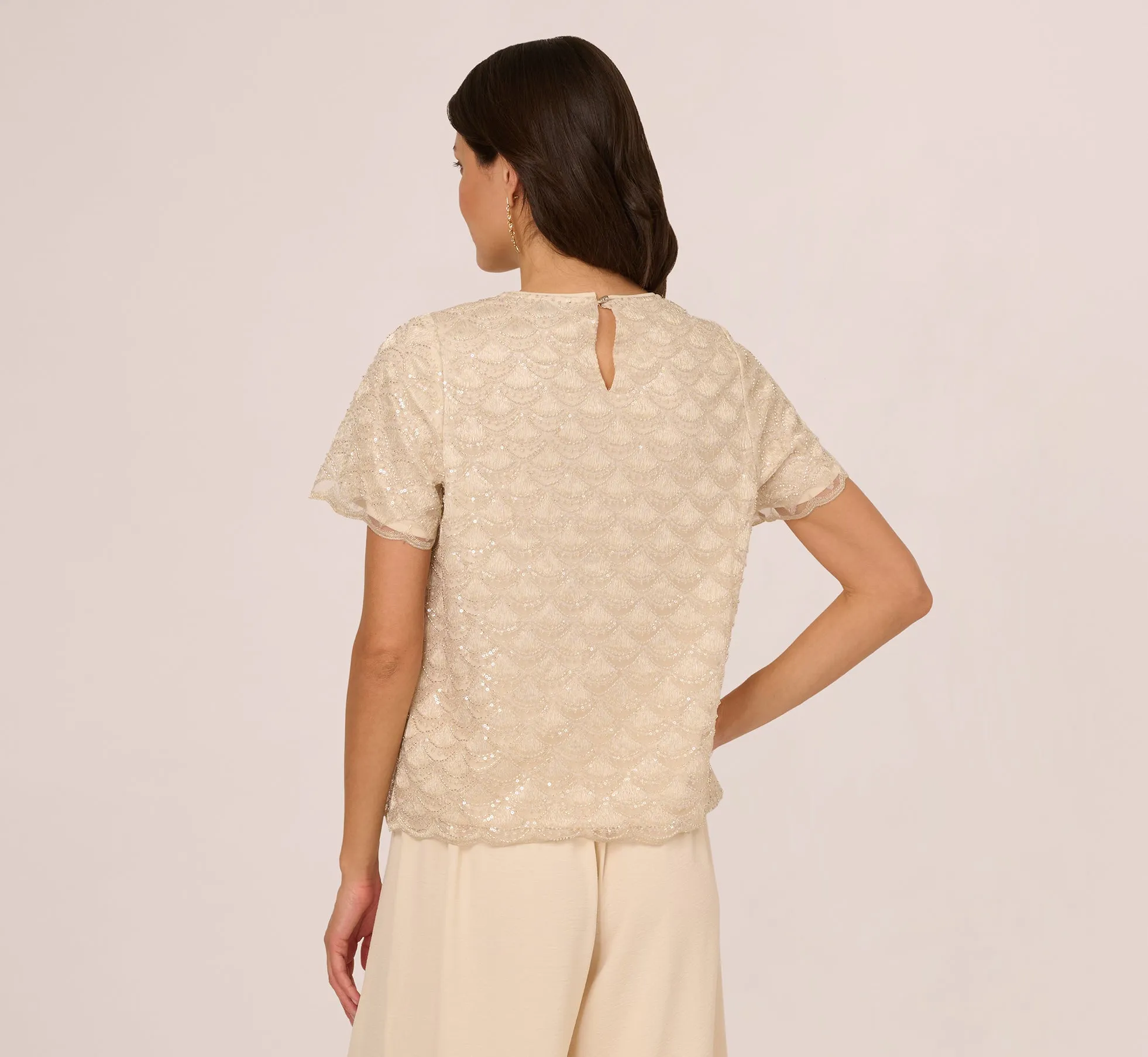 Short Sleeve Sequin Overlay Top In Pale Taupe sold by Adrianna Papell product image thumbnail 5