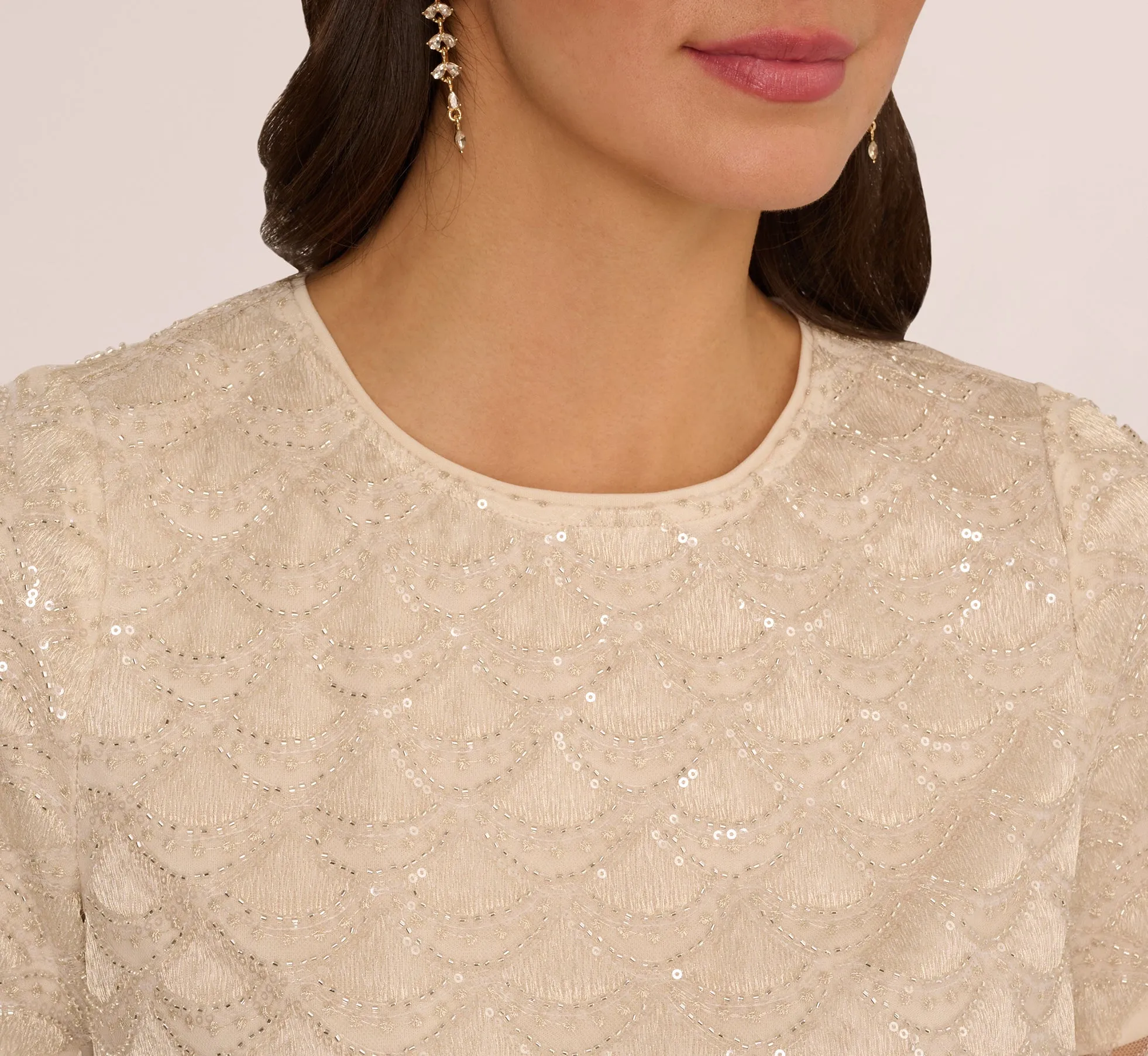 Short Sleeve Sequin Overlay Top In Pale Taupe sold by Adrianna Papell product image thumbnail 3