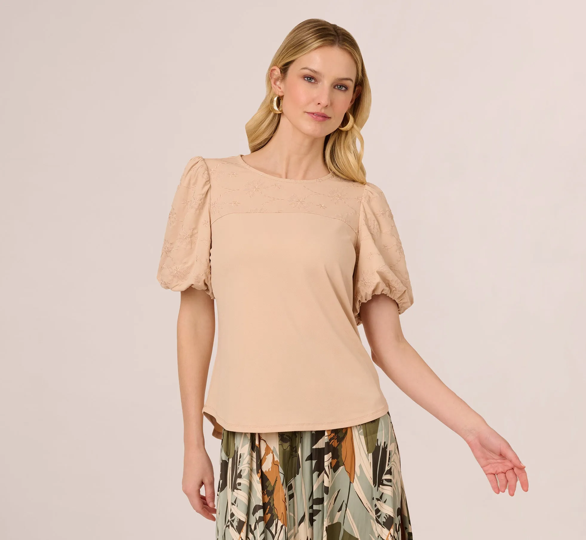 Bubble Sleeve Embroidered Top In Champagne Blush sold by Adrianna Papell