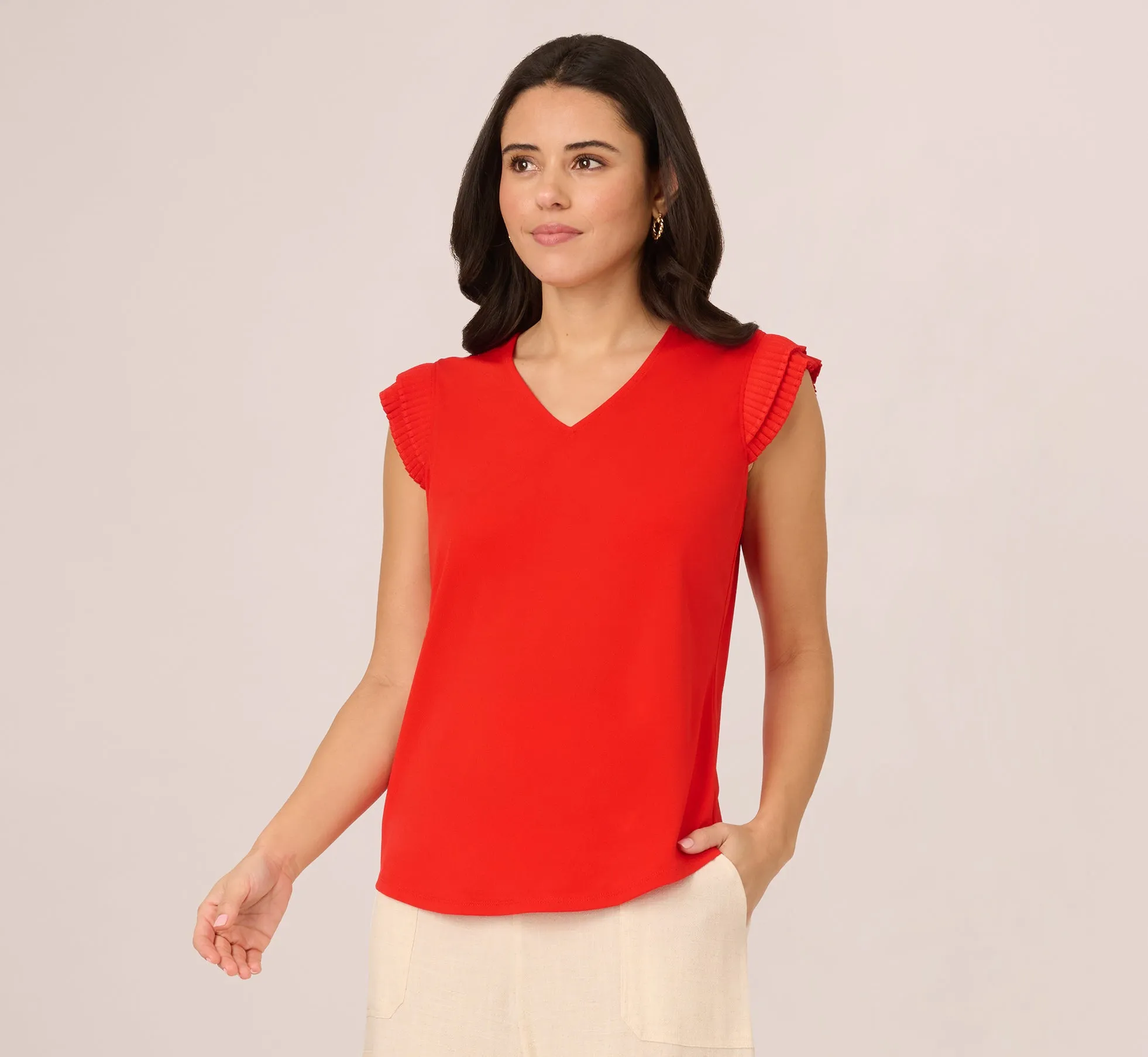 V-Neck Top With Pleated Flutter Sleeves In Valiant Poppy sold by Adrianna Papell