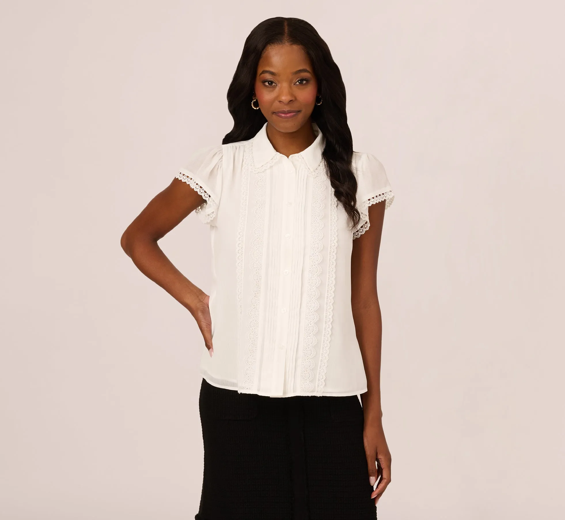 Cap Sleeve Lace Collared Blouse In Ivory sold by Adrianna Papell