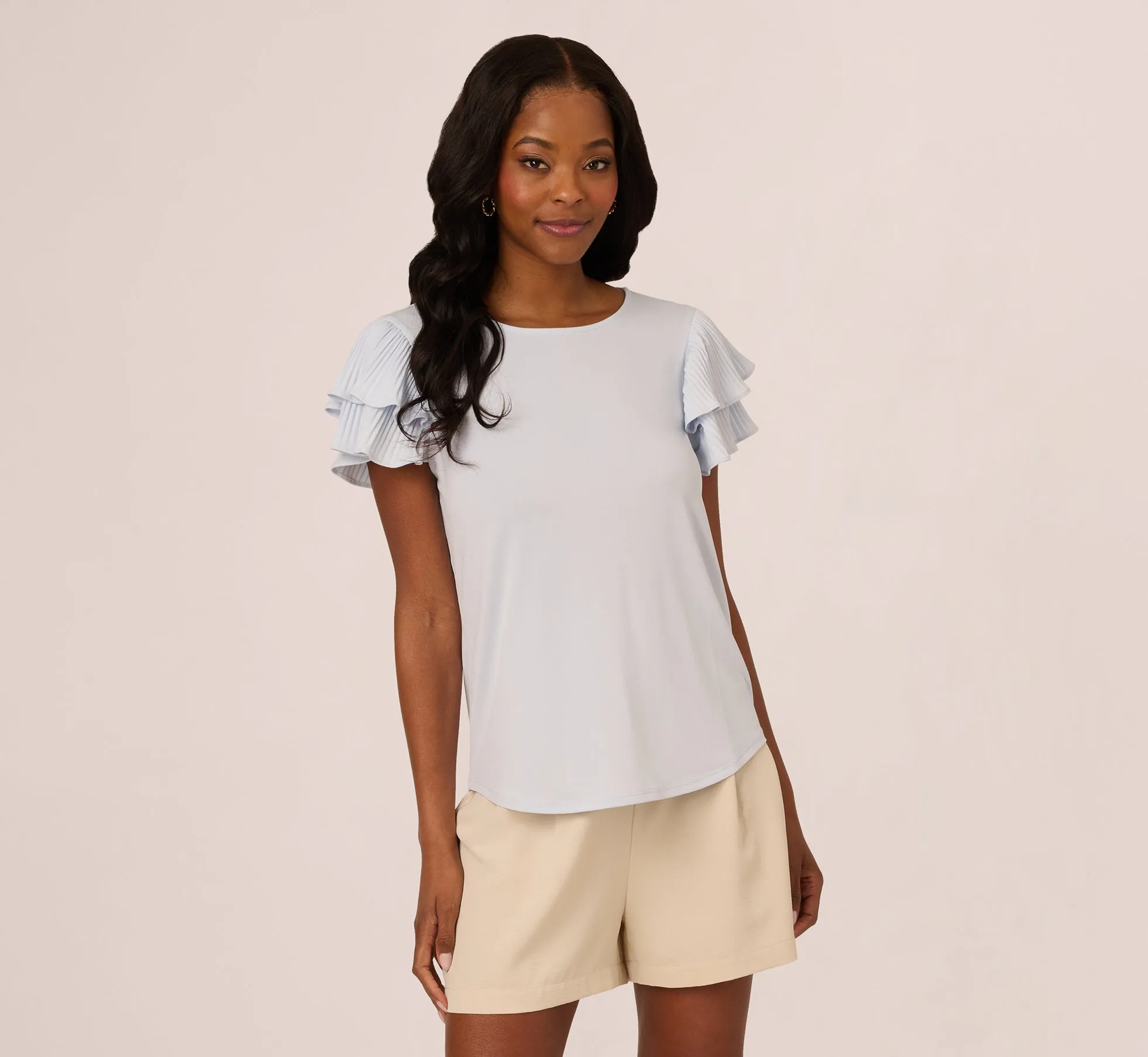 Double Flutter Sleeve Top With Pleated Details In Halogen Blue sold by Adrianna Papell