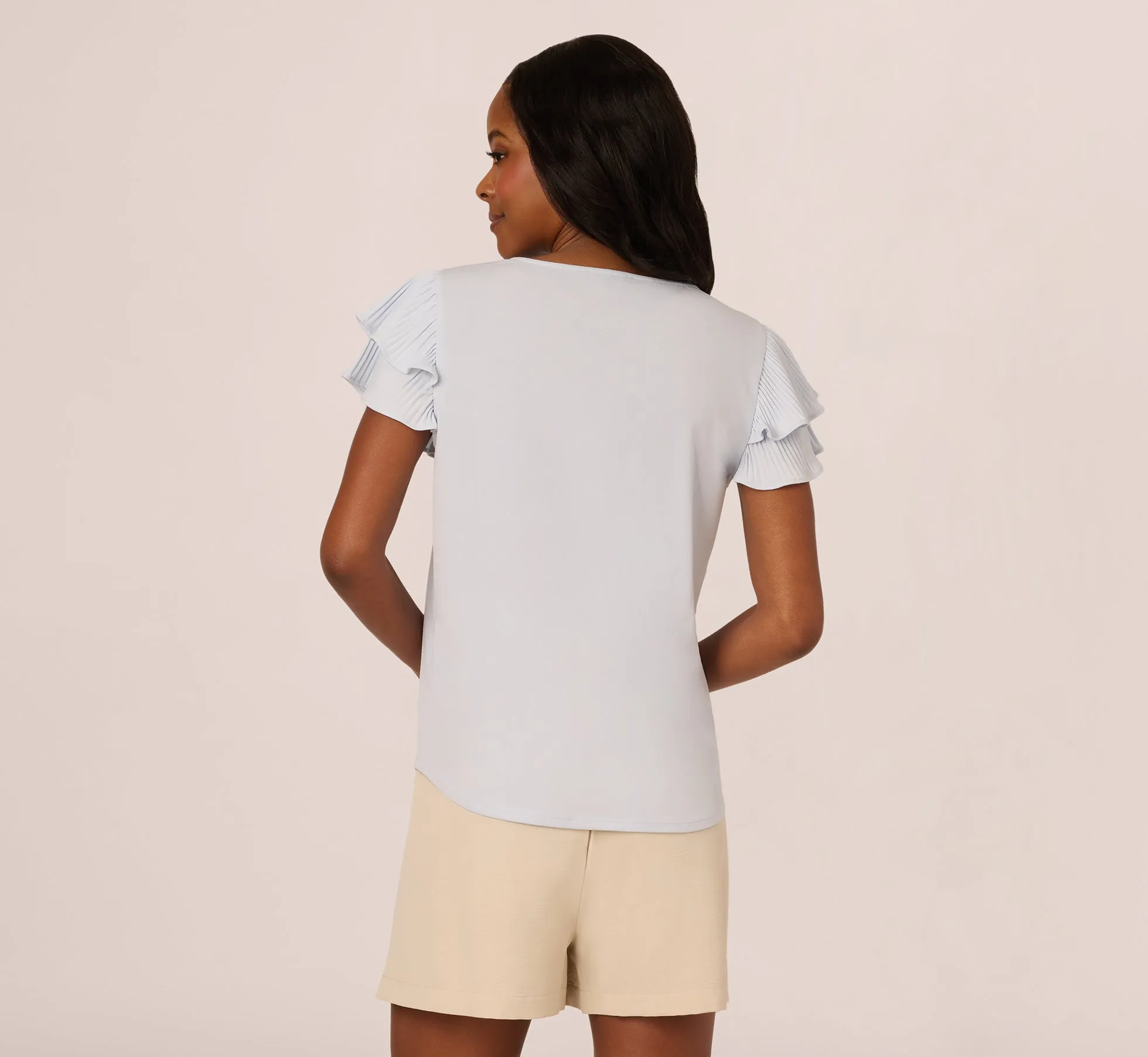 Double Flutter Sleeve Top With Pleated Details In Halogen Blue sold by Adrianna Papell product image thumbnail 5