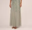 Hand Beaded Short Sleeve Floral Godet Gown In Frosted Sage sold by Adrianna Papell