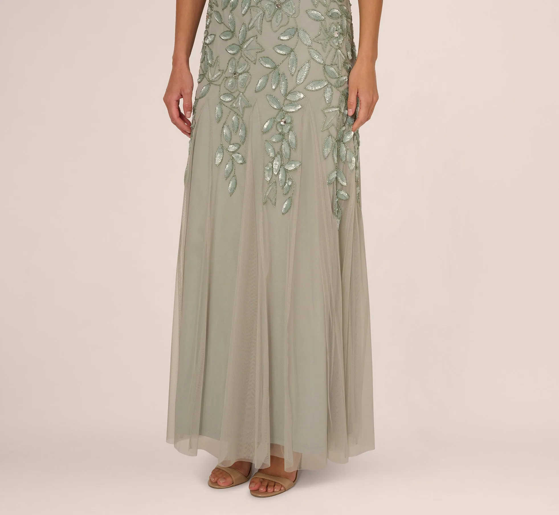 Hand Beaded Short Sleeve Floral Godet Gown In Frosted Sage sold by Adrianna Papell product image thumbnail 4