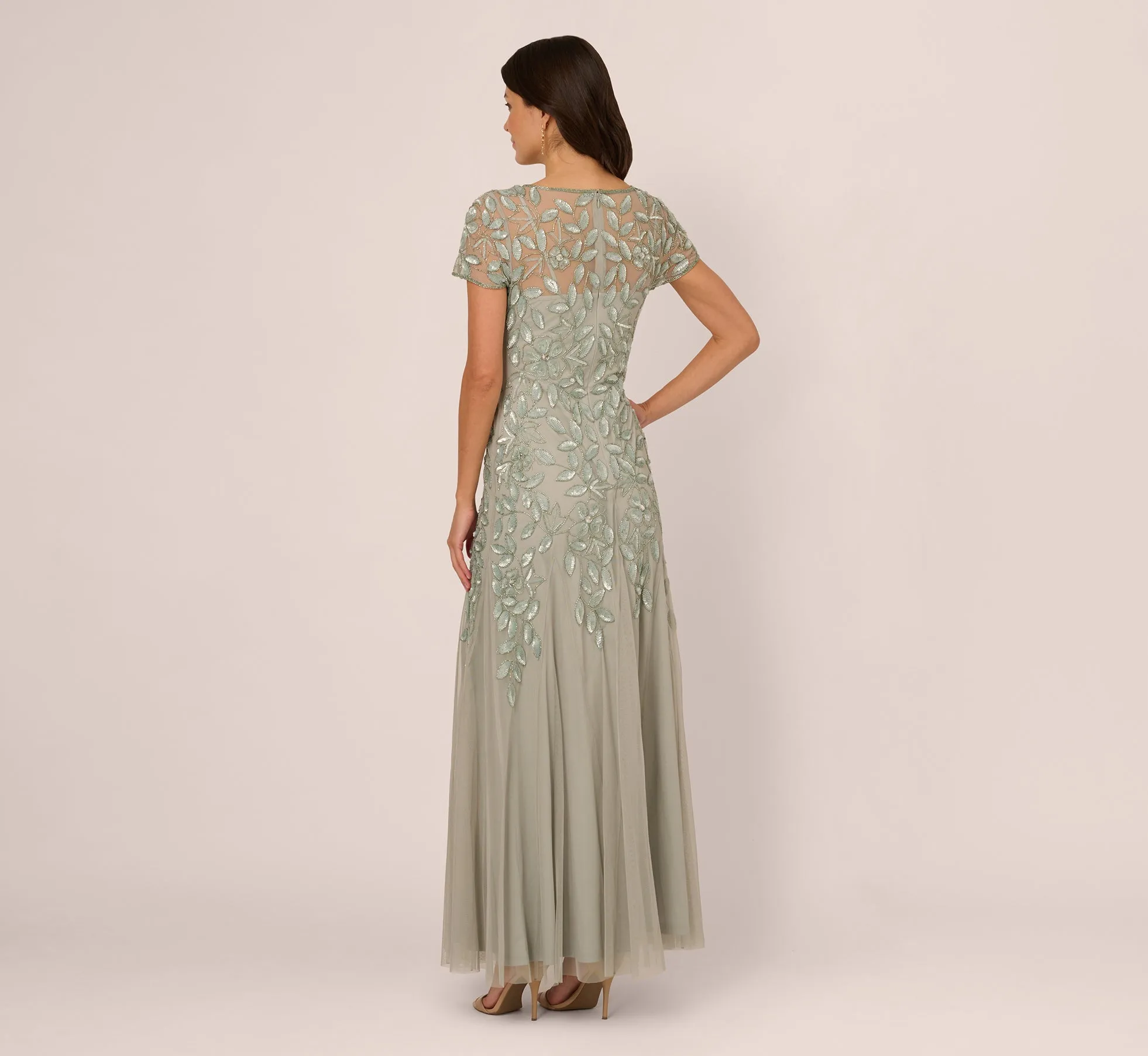 Hand Beaded Short Sleeve Floral Godet Gown In Frosted Sage sold by Adrianna Papell product image thumbnail 5
