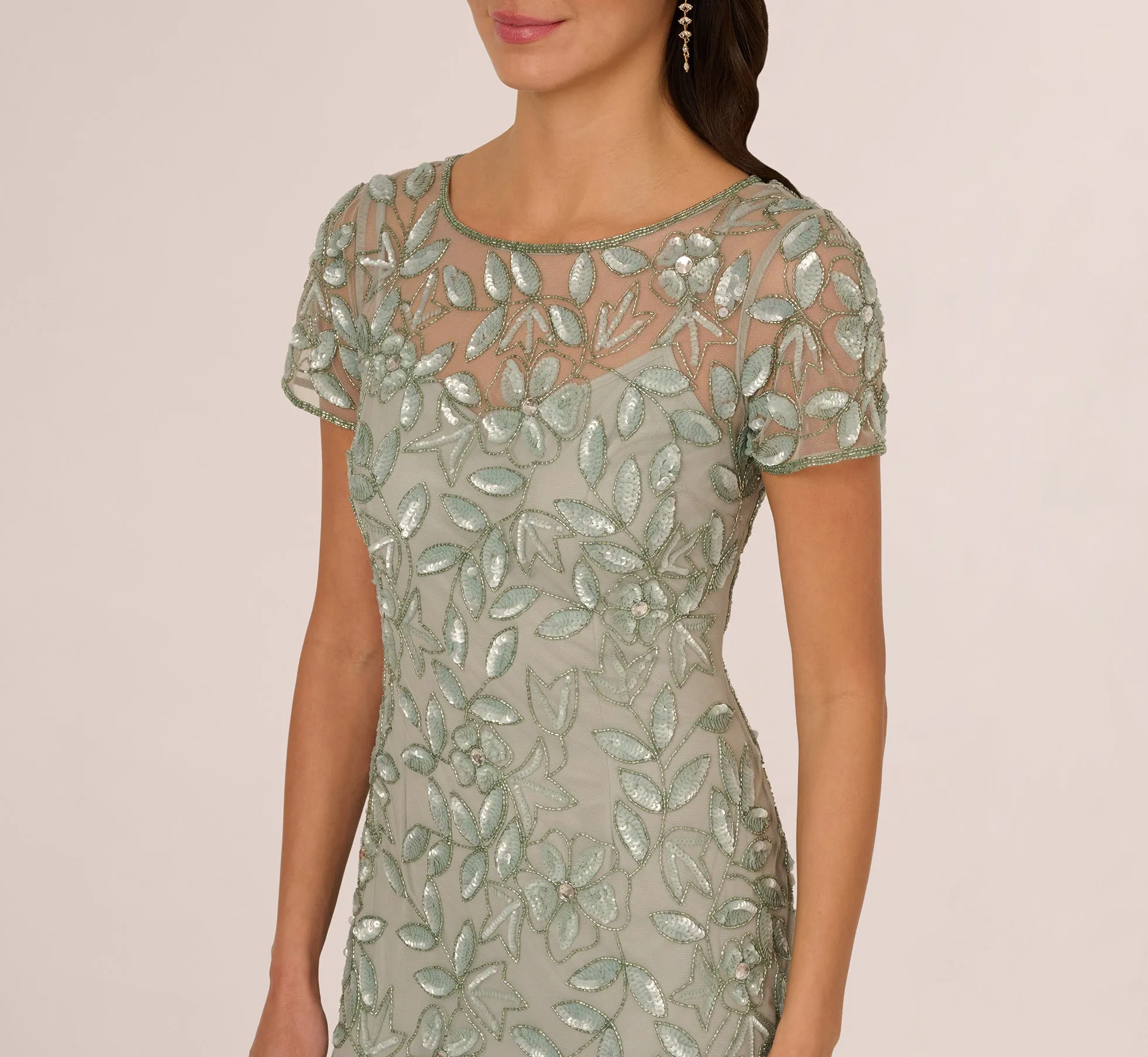 Hand Beaded Short Sleeve Floral Godet Gown In Frosted Sage sold by Adrianna Papell product image thumbnail 3