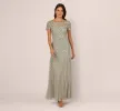 Hand Beaded Short Sleeve Floral Godet Gown In Frosted Sage sold by Adrianna Papell