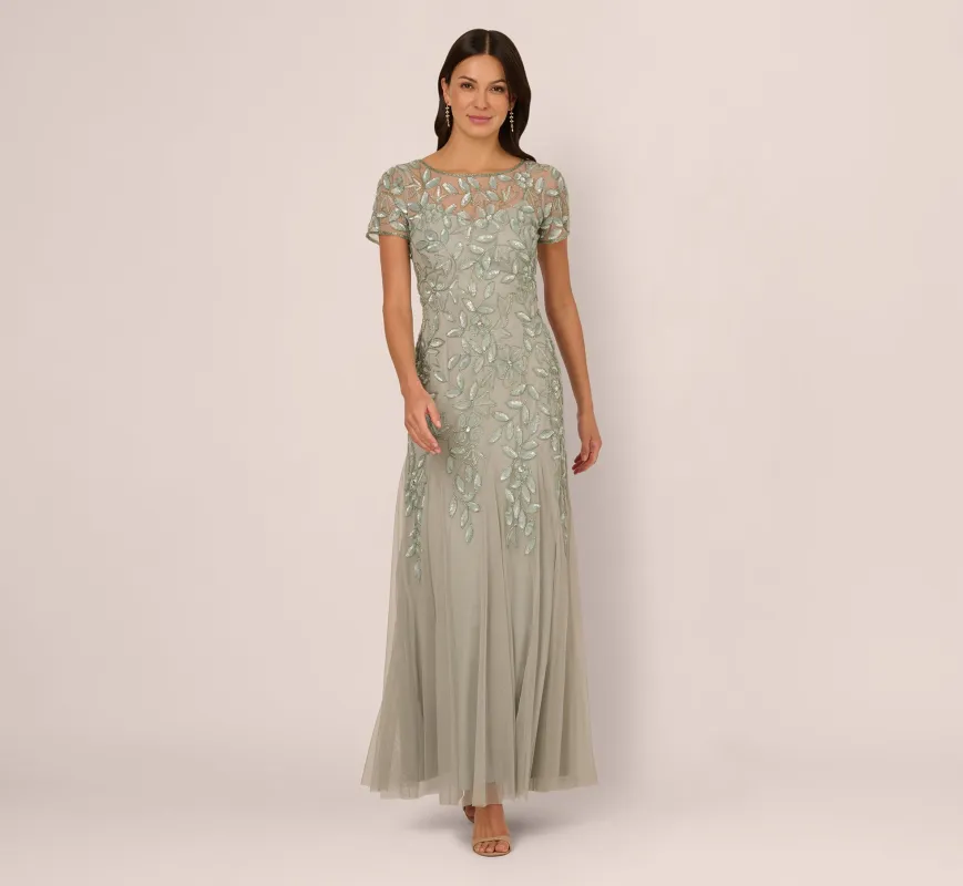 Hand Beaded Short Sleeve Floral Godet Gown In Frosted Sage sold by Adrianna Papell