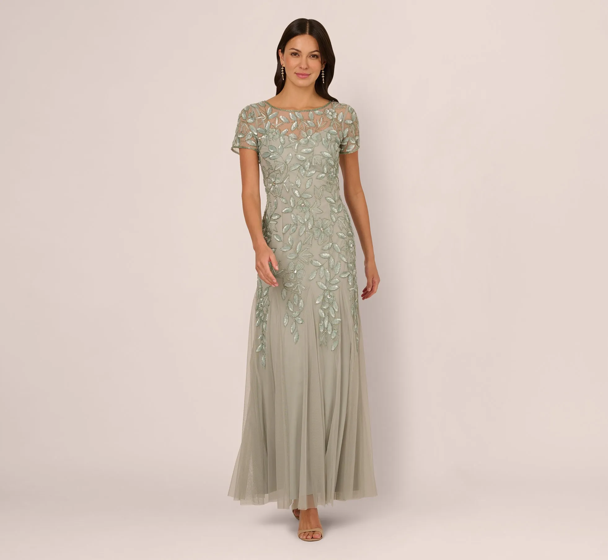 Hand Beaded Short Sleeve Floral Godet Gown In Frosted Sage sold by Adrianna Papell