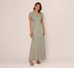 Hand Beaded Short Sleeve Floral Godet Gown In Frosted Sage sold by Adrianna Papell