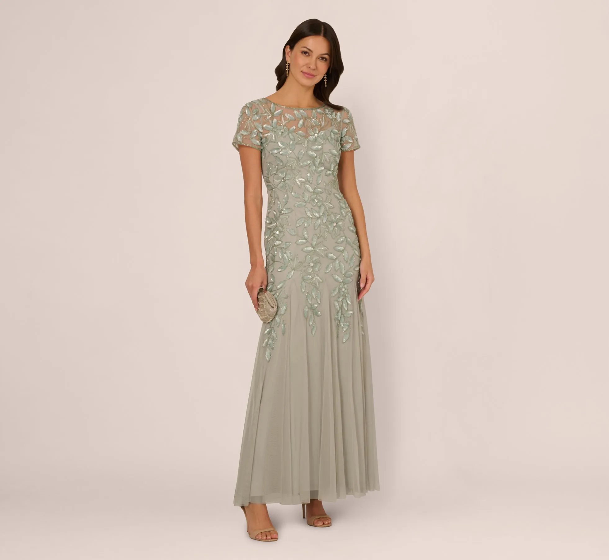 Hand Beaded Short Sleeve Floral Godet Gown In Frosted Sage sold by Adrianna Papell product image thumbnail 2