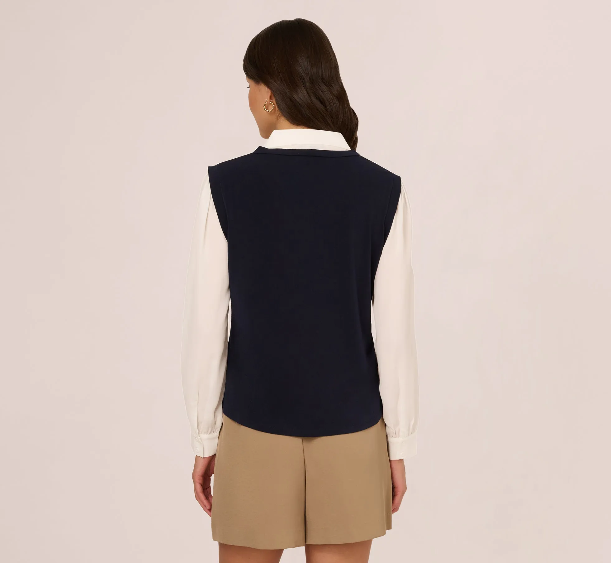 Long Sleeve Collared Sweater Vest Twofer Top In Navy Ivory sold by Adrianna Papell product image thumbnail 5