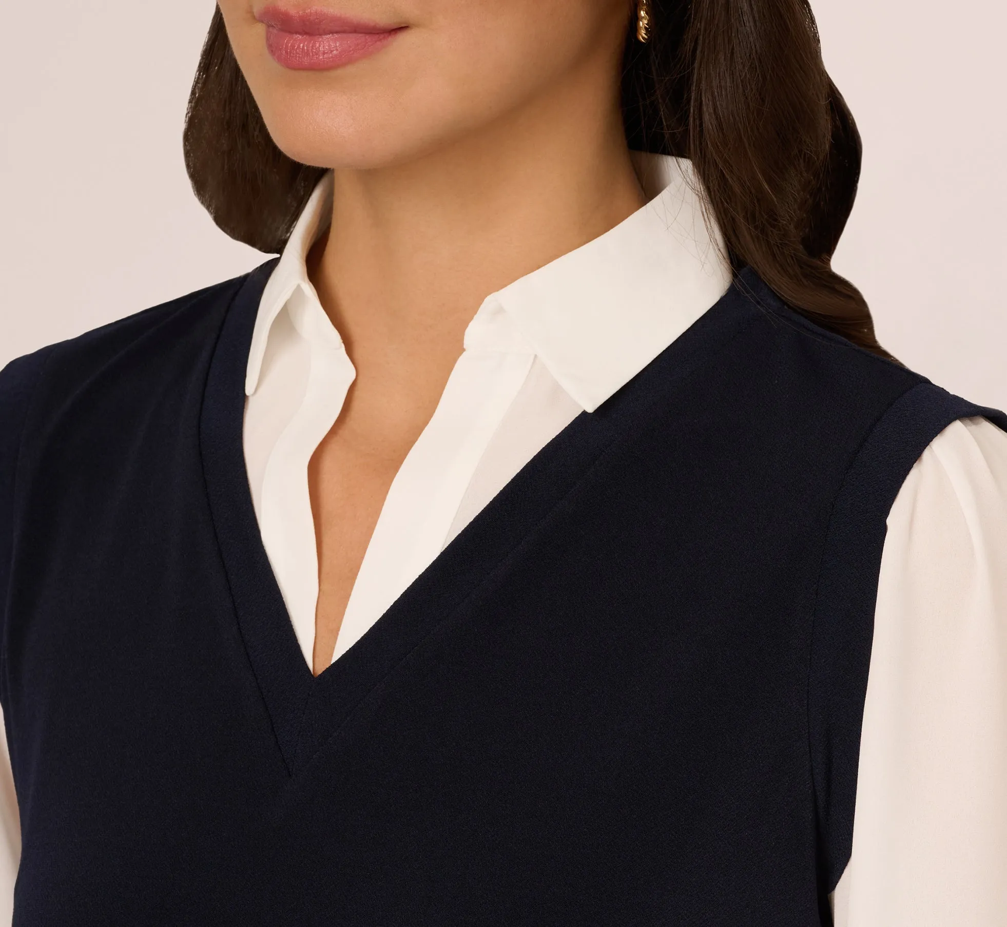 Long Sleeve Collared Sweater Vest Twofer Top In Navy Ivory sold by Adrianna Papell product image thumbnail 3