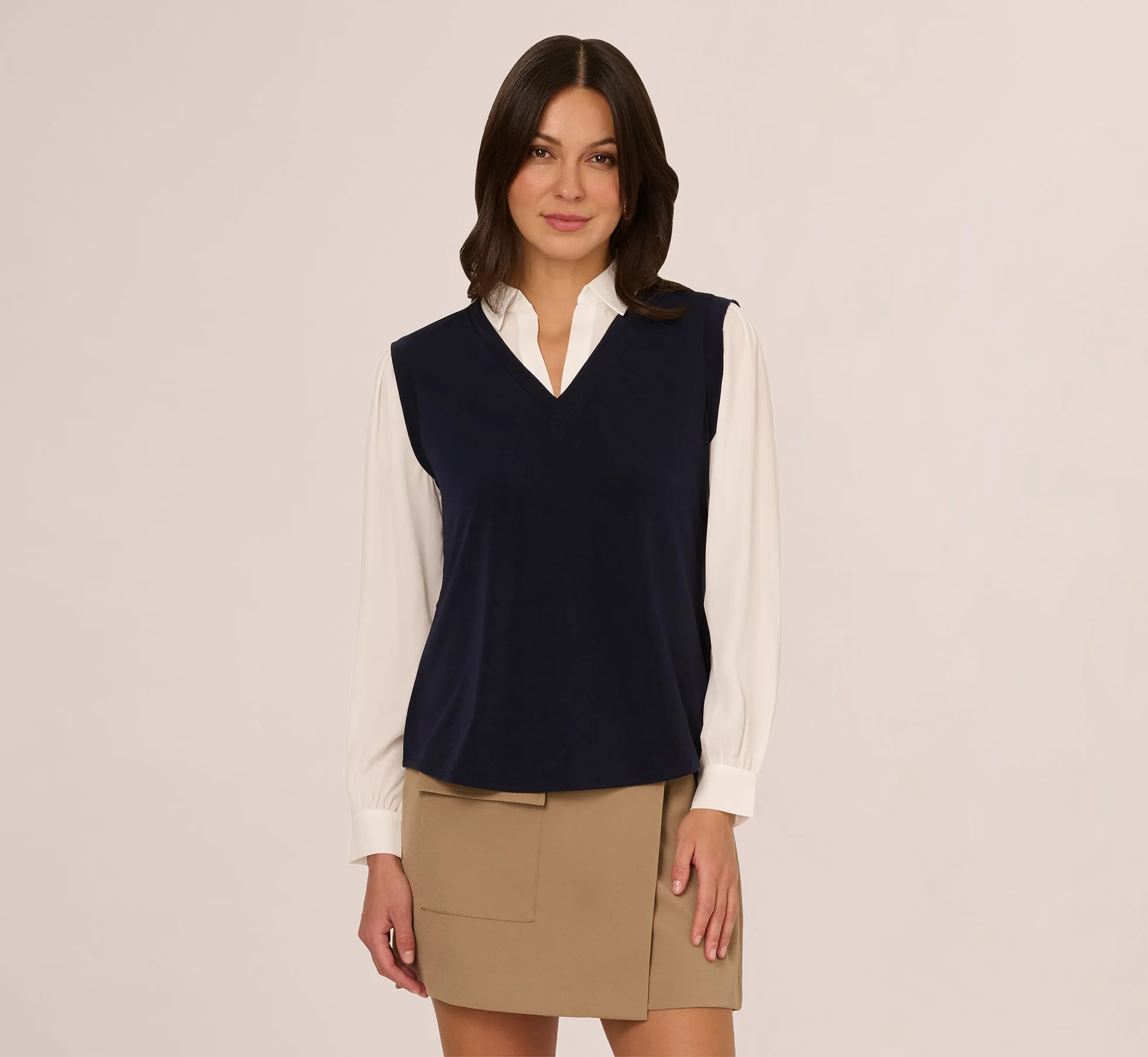 Long Sleeve Collared Sweater Vest Twofer Top In Navy Ivory sold by Adrianna Papell