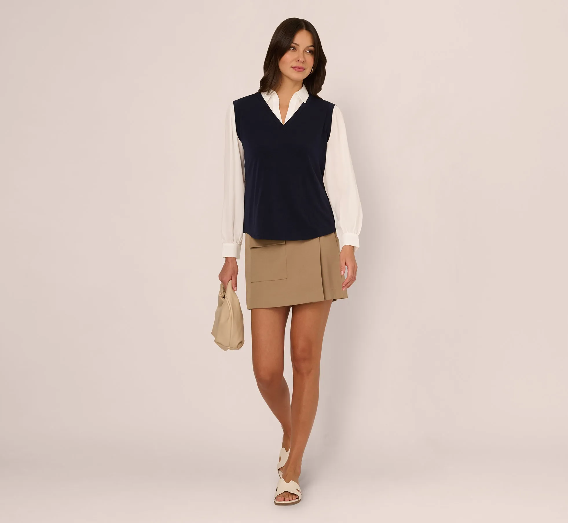 Long Sleeve Collared Sweater Vest Twofer Top In Navy Ivory sold by Adrianna Papell product image thumbnail 2