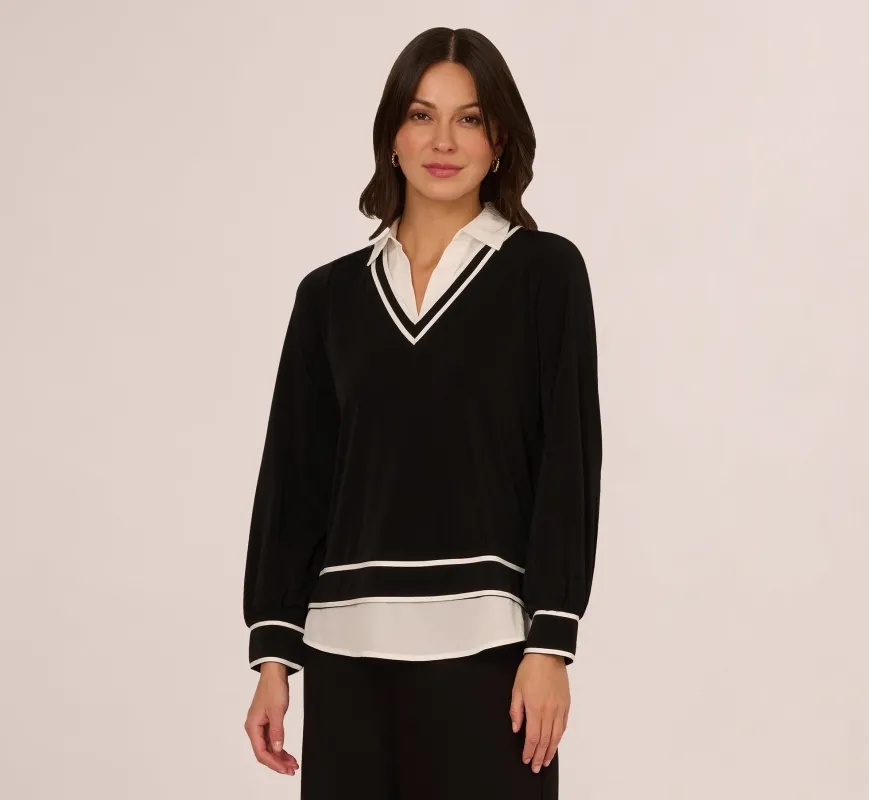 Long Sleeve Collared Twofer Tipped Sweater In Black Ivory W  Ivory sold by Adrianna Papell