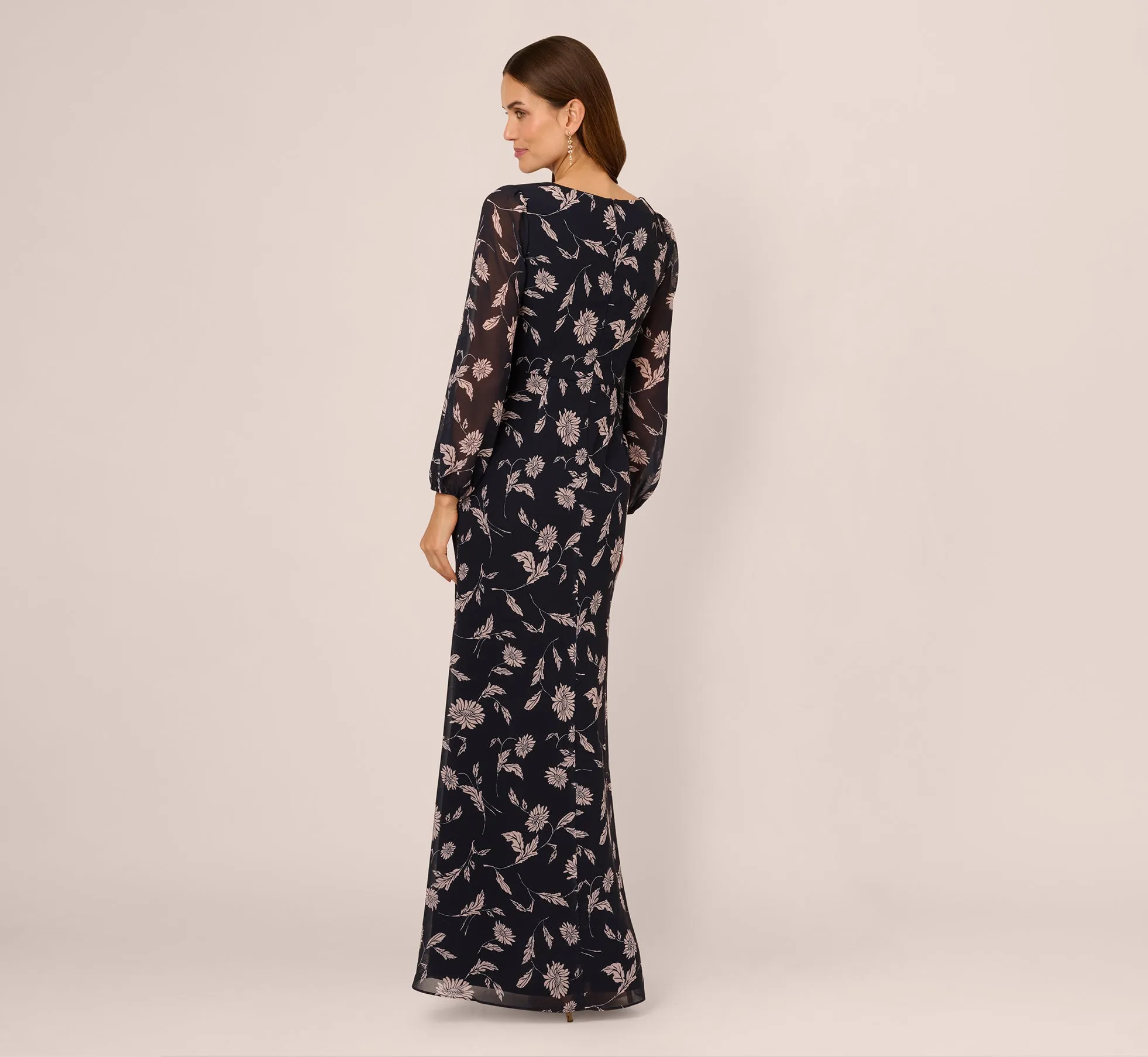 Long Sleeve Floral Chiffon Maxi Dress In Navy Blush sold by Adrianna Papell product image thumbnail 5