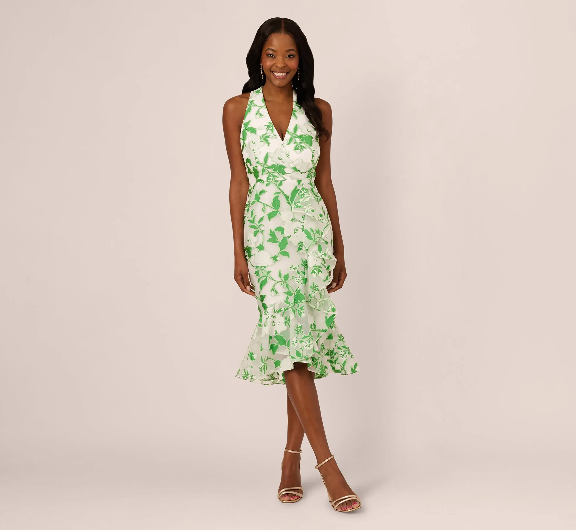 Sleeveless Organza Jacquard Mermaid Midi Dress In Green Ivory sold by Adrianna Papell