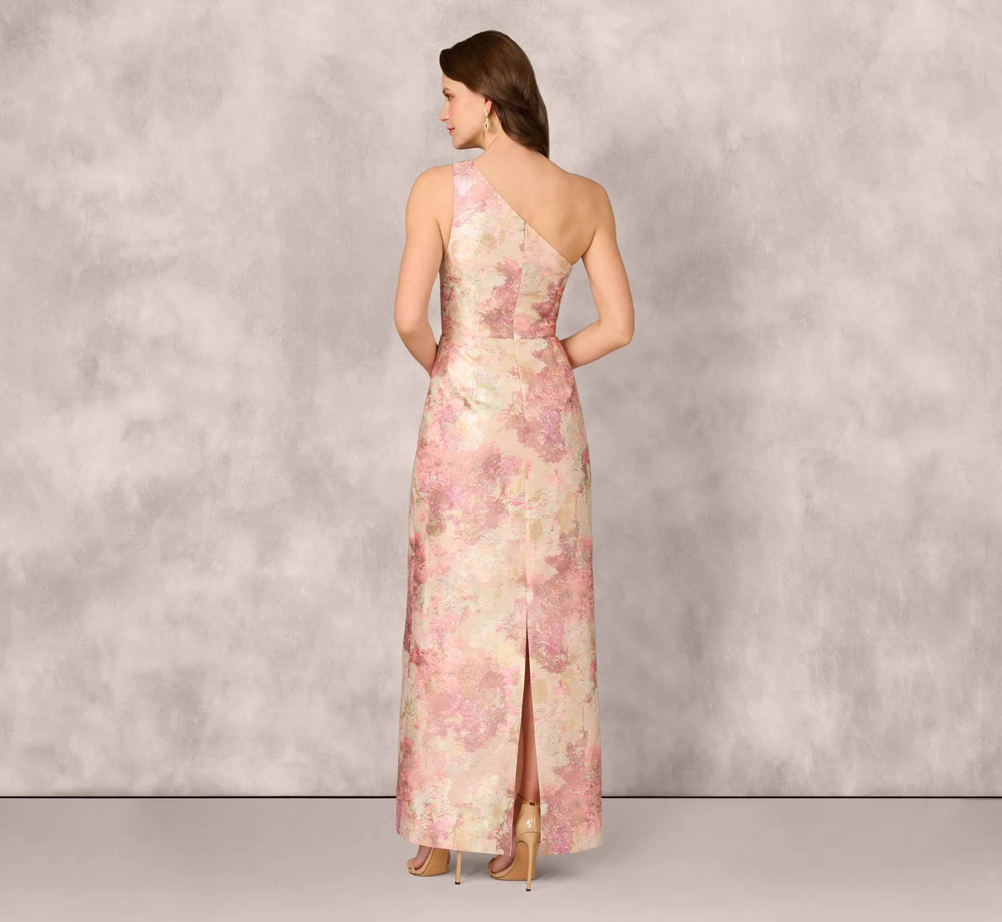 One Shoulder Pleated Jacquard Column Gown In Pink Multi sold by Adrianna Papell product image thumbnail 5