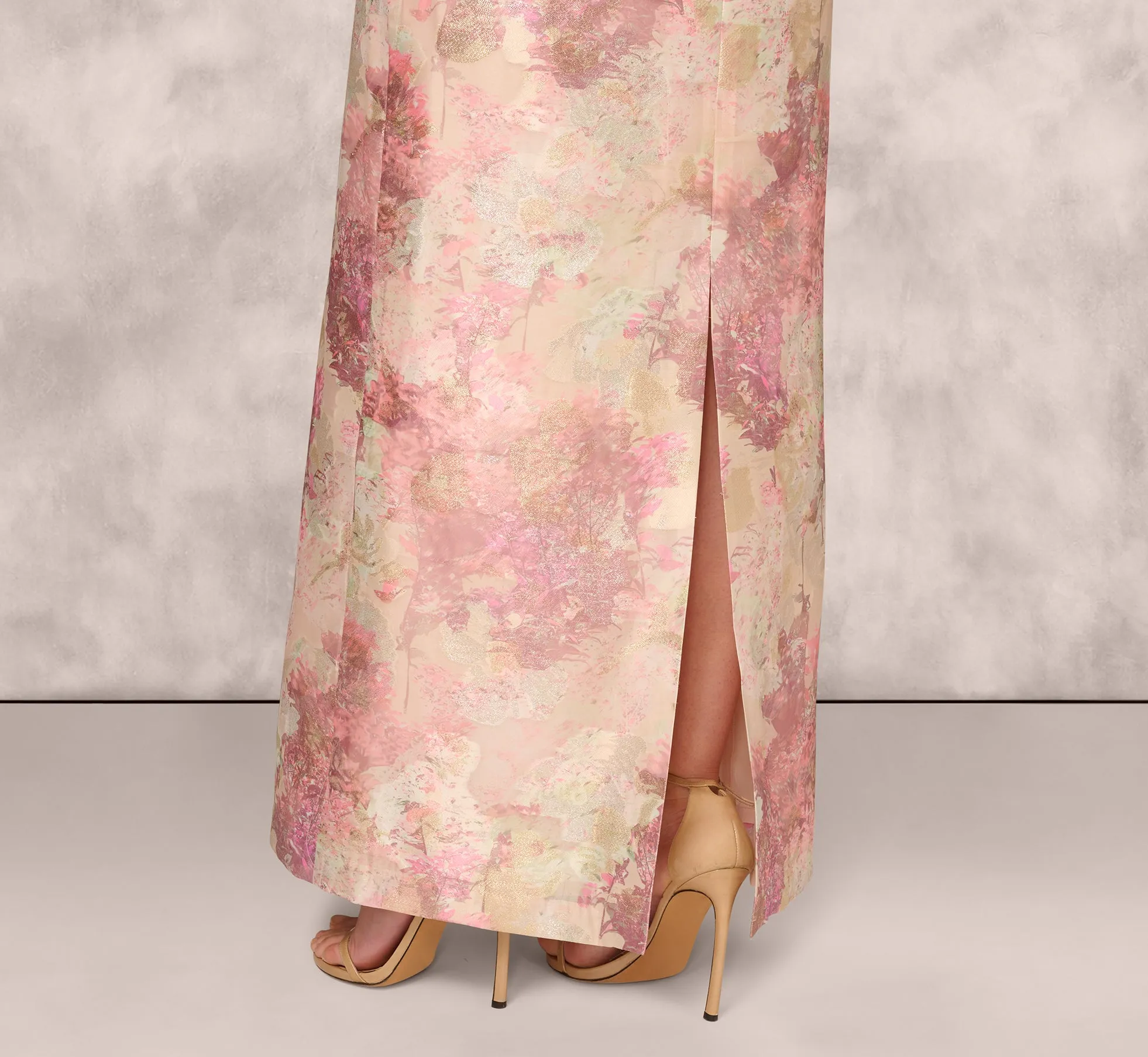 One Shoulder Pleated Jacquard Column Gown In Pink Multi sold by Adrianna Papell product image thumbnail 4
