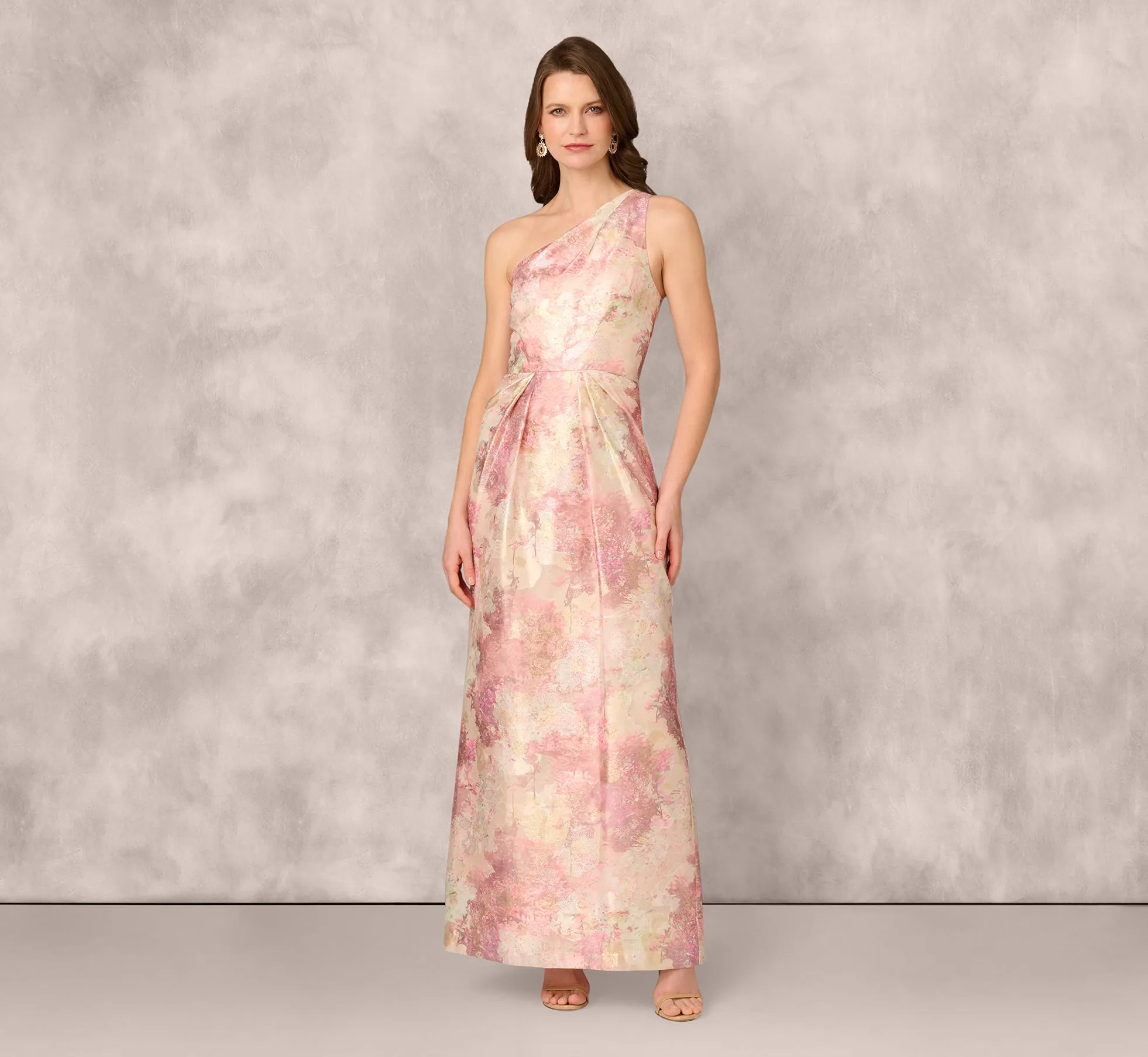 One Shoulder Pleated Jacquard Column Gown In Pink Multi sold by Adrianna Papell