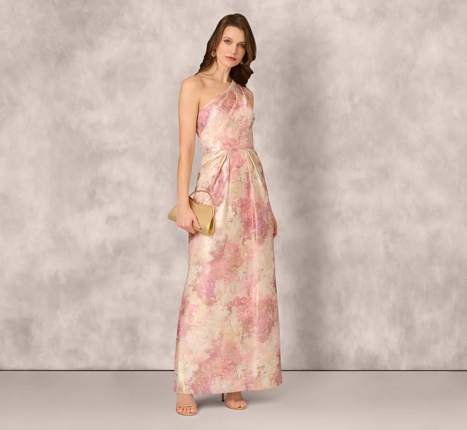 One Shoulder Pleated Jacquard Column Gown In Pink Multi sold by Adrianna Papell product image thumbnail 2