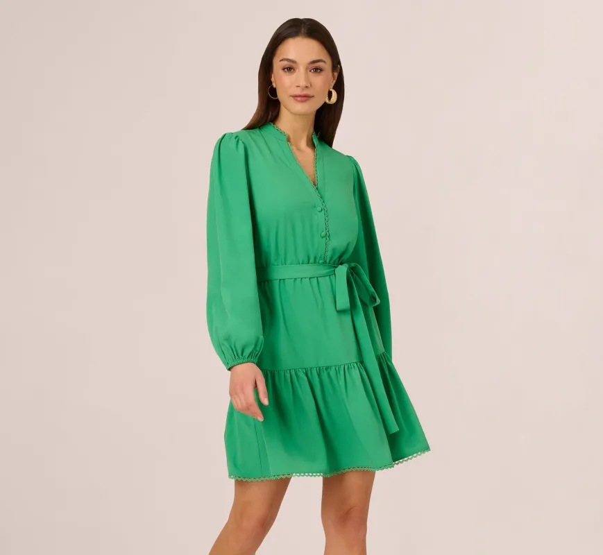 Long Sleeve Scallop Trim Short Dress In Green sold by Adrianna Papell