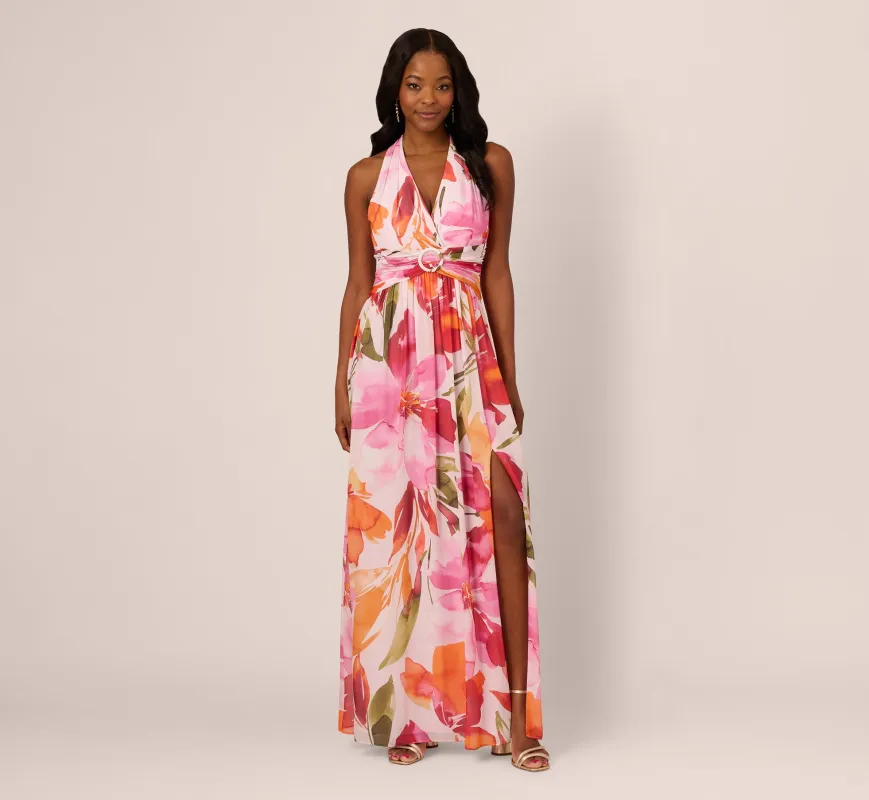 Sleeveless Surplice Floral Chiffon Gown In Pink Orange Multi sold by Adrianna Papell