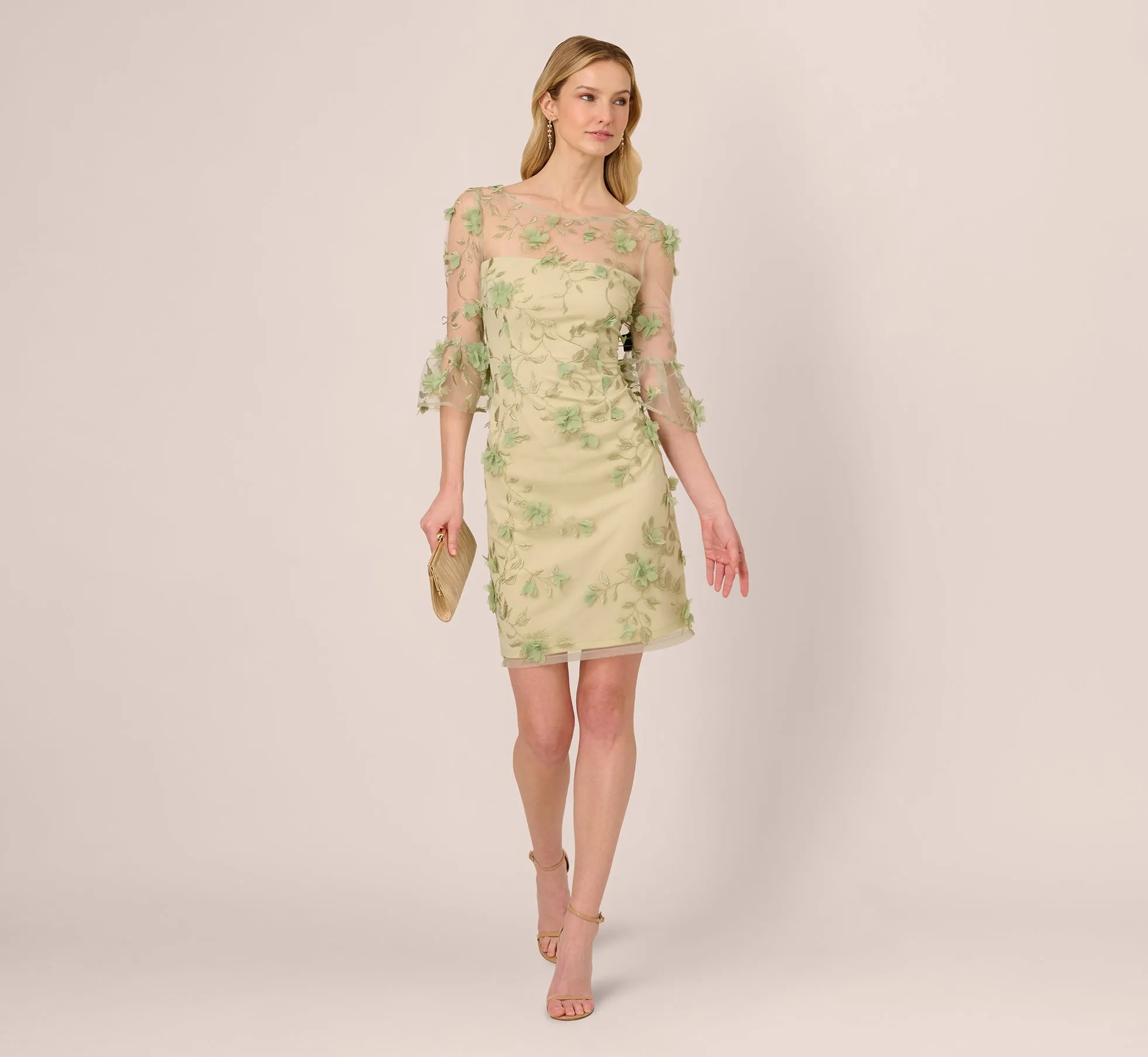 Bell Sleeve Floral Embroidered Illusion Sheath Dress In Sage Multi sold by Adrianna Papell product image thumbnail 2