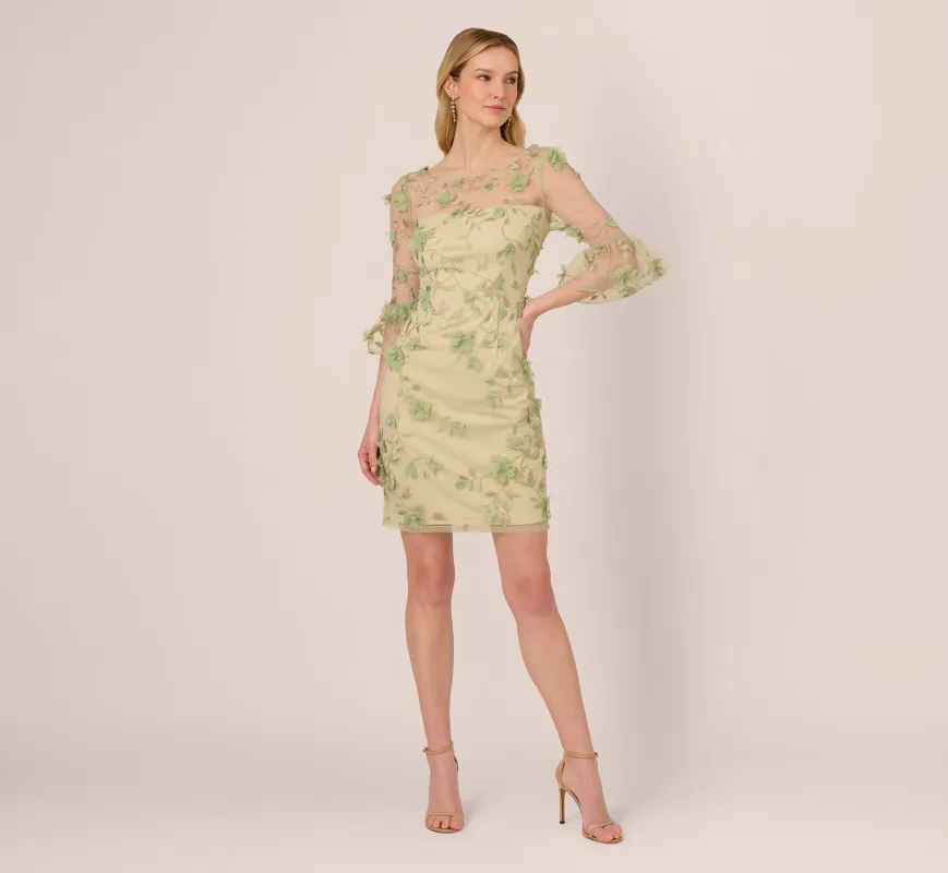 Bell Sleeve Floral Embroidered Illusion Sheath Dress In Sage Multi sold by Adrianna Papell