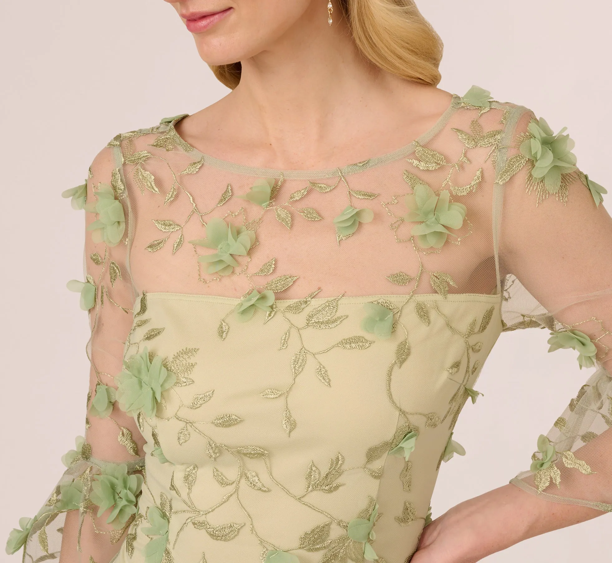 Bell Sleeve Floral Embroidered Illusion Sheath Dress In Sage Multi sold by Adrianna Papell product image thumbnail 4