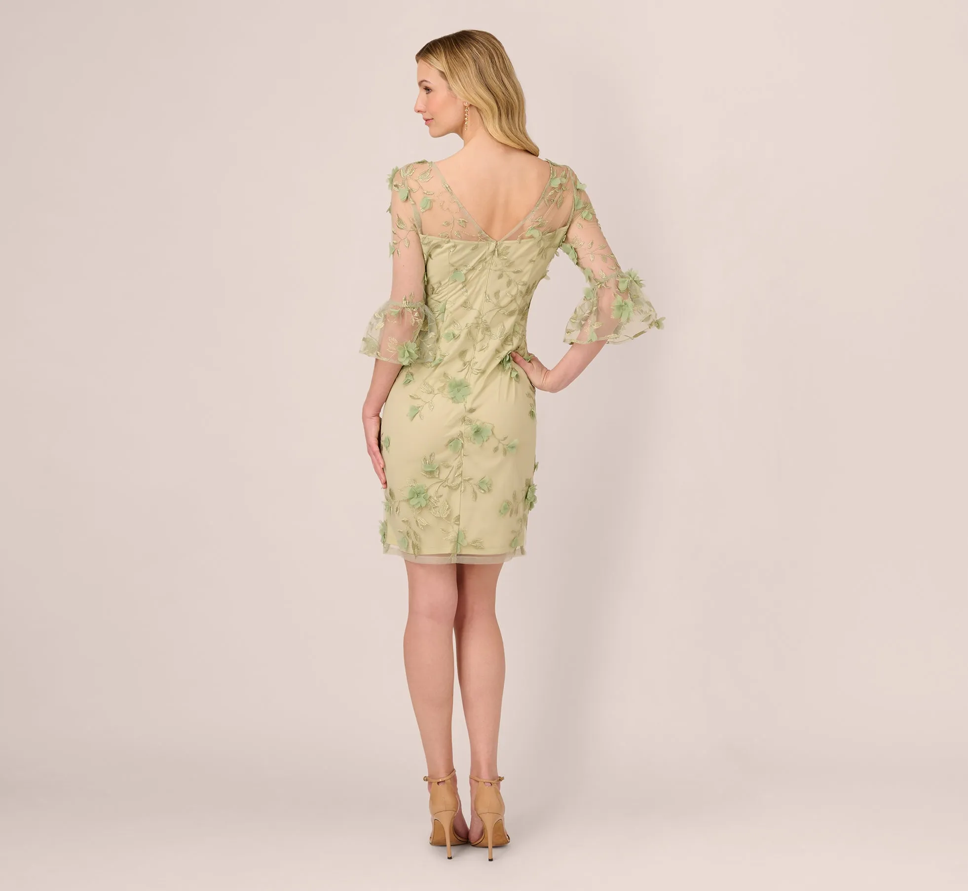 Bell Sleeve Floral Embroidered Illusion Sheath Dress In Sage Multi sold by Adrianna Papell product image thumbnail 5