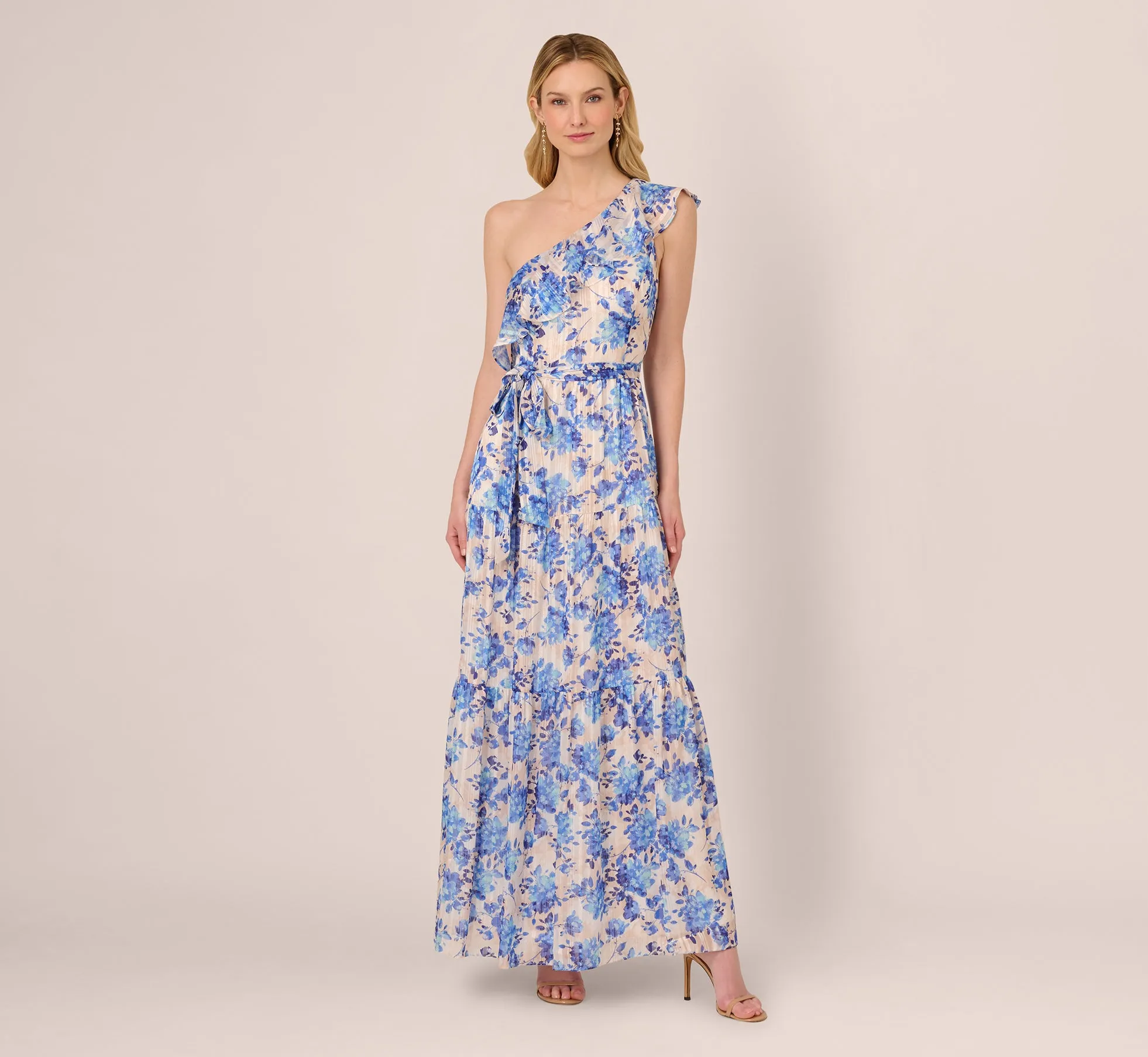 One Shoulder Metallic Stripe Floral Maxi Dress In Champagne Blue Multi sold by Adrianna Papell