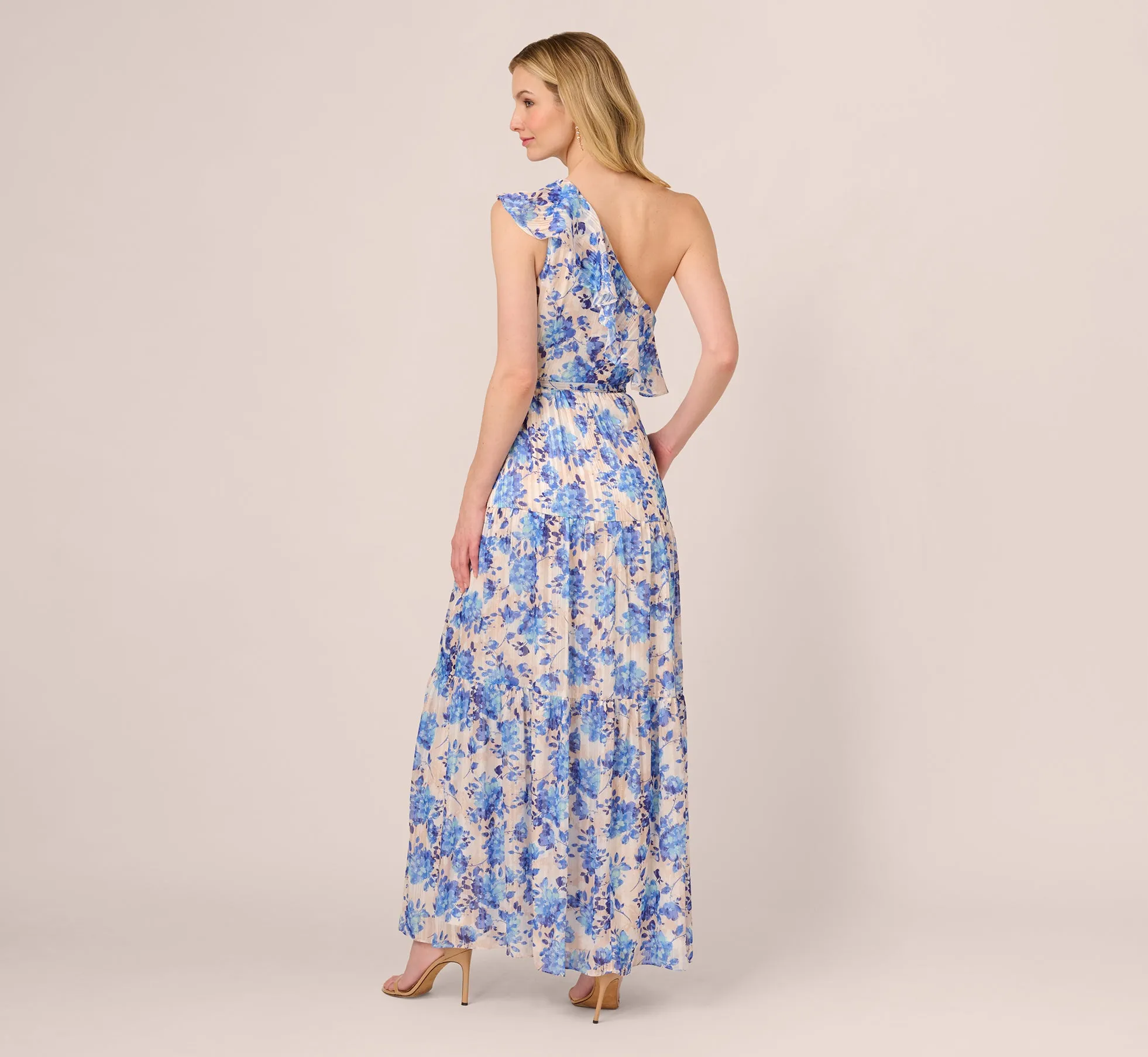 One Shoulder Metallic Stripe Floral Maxi Dress In Champagne Blue Multi sold by Adrianna Papell product image thumbnail 5