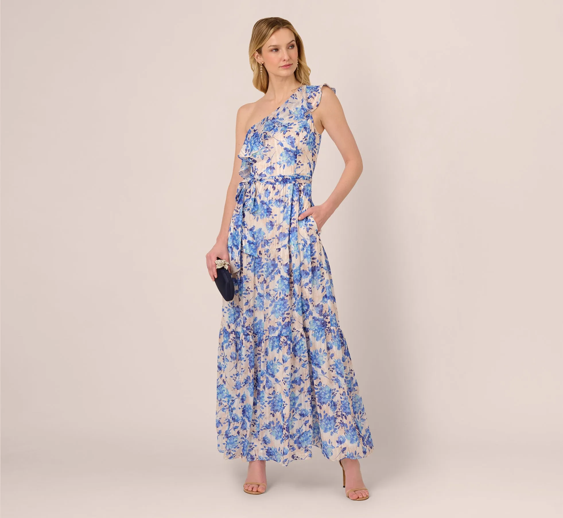 One Shoulder Metallic Stripe Floral Maxi Dress In Champagne Blue Multi sold by Adrianna Papell product image thumbnail 2