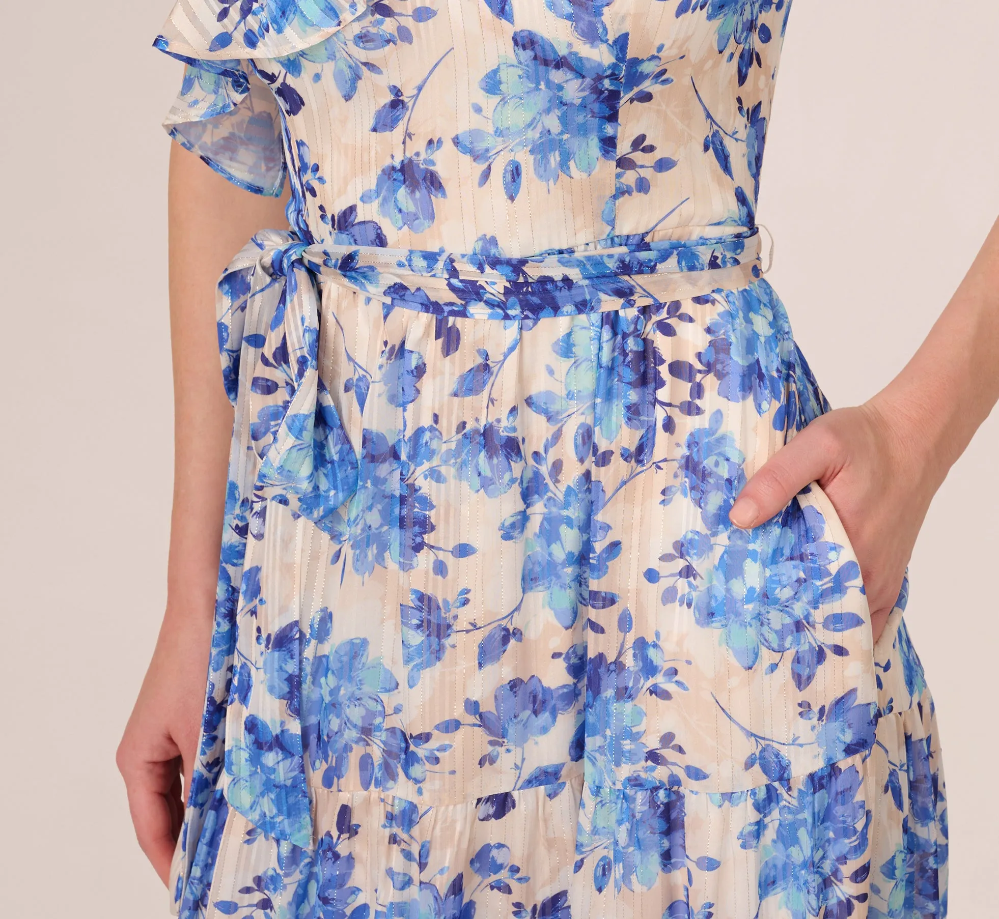 One Shoulder Metallic Stripe Floral Maxi Dress In Champagne Blue Multi sold by Adrianna Papell product image thumbnail 4