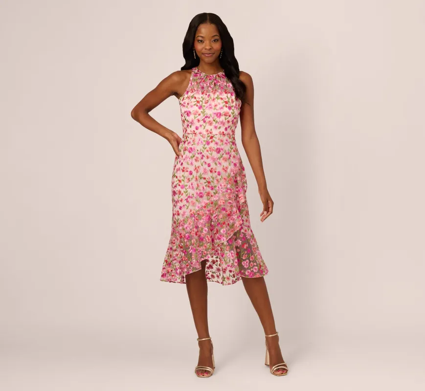 Floral Embroidered Flounce Halter Dress In Pink Multi sold by Adrianna Papell