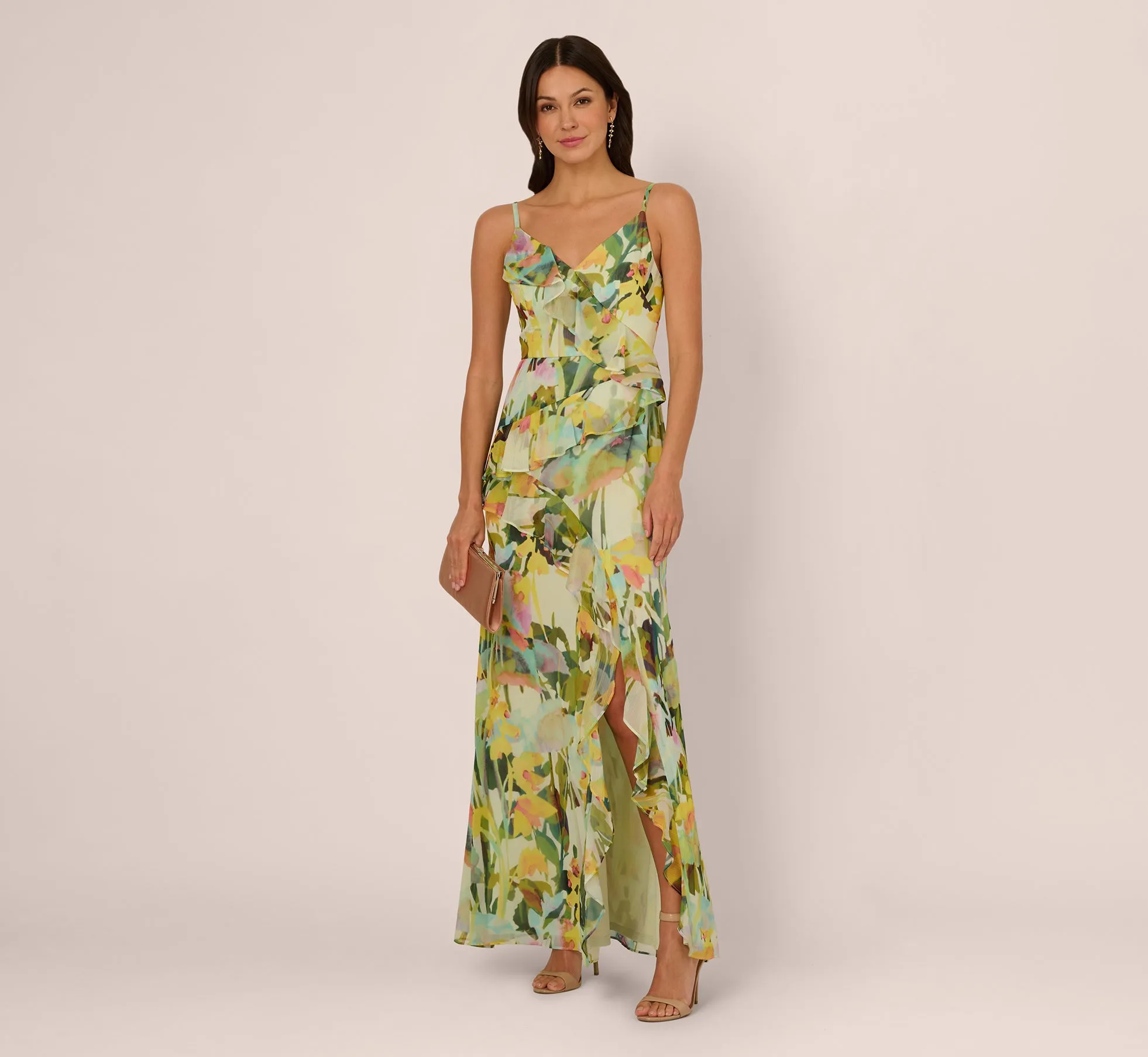 Sleeveless Floral Chiffon Ruffle Cascade Gown In Green Multi sold by Adrianna Papell product image thumbnail 2