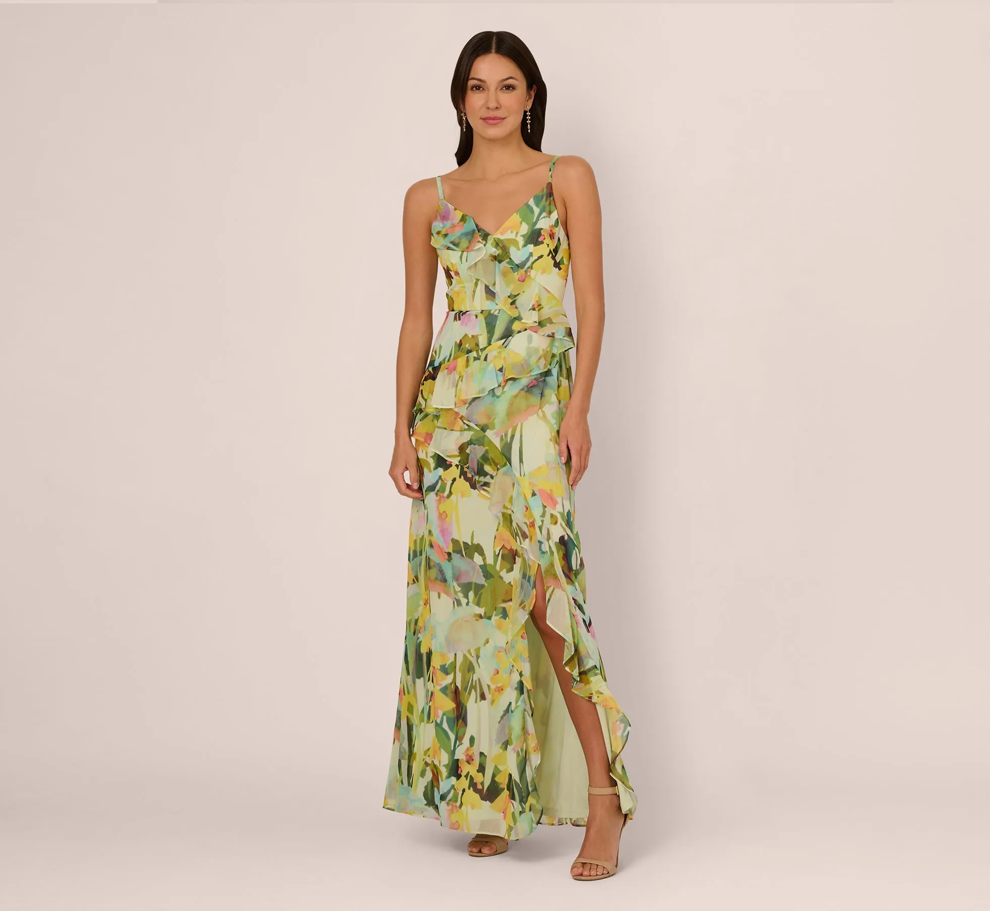 Sleeveless Floral Chiffon Ruffle Cascade Gown In Green Multi sold by Adrianna Papell