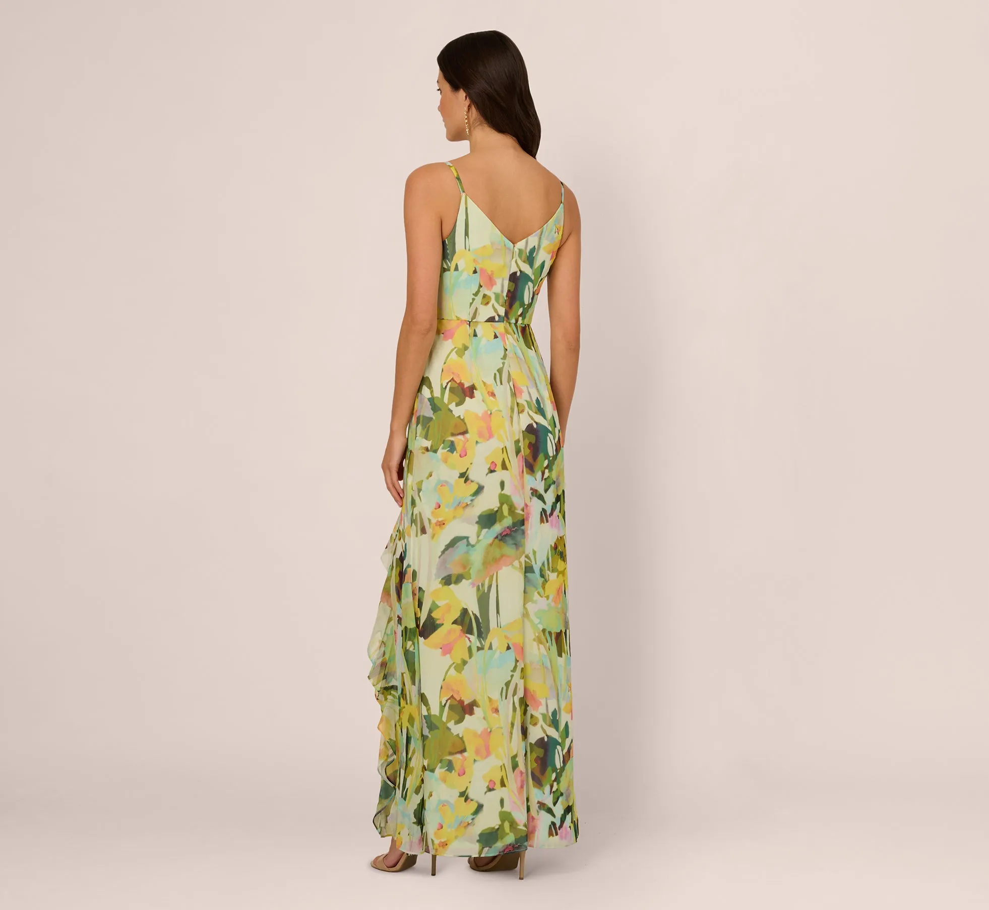 Sleeveless Floral Chiffon Ruffle Cascade Gown In Green Multi sold by Adrianna Papell product image thumbnail 5