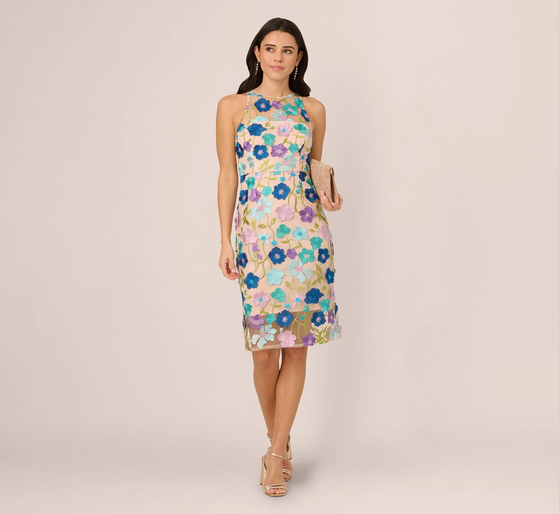 Multicolor Floral Embroidered Halter Midi Dress In Blue Multi sold by Adrianna Papell product image thumbnail 2