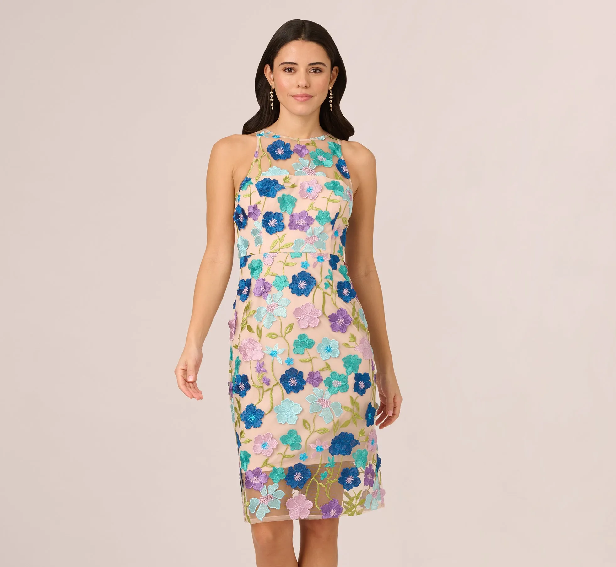 Multicolor Floral Embroidered Halter Midi Dress In Blue Multi sold by Adrianna Papell