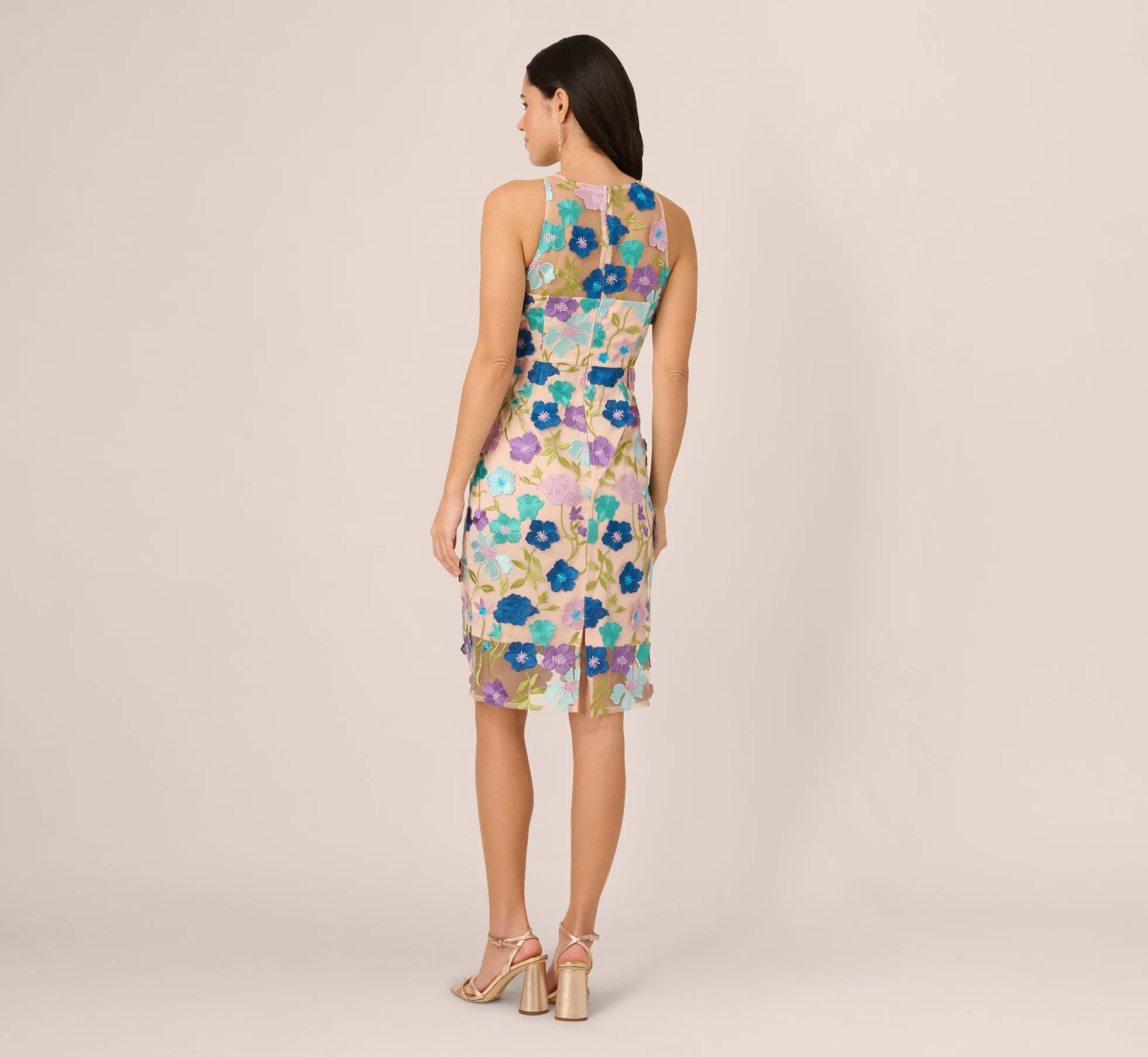Multicolor Floral Embroidered Halter Midi Dress In Blue Multi sold by Adrianna Papell product image thumbnail 5
