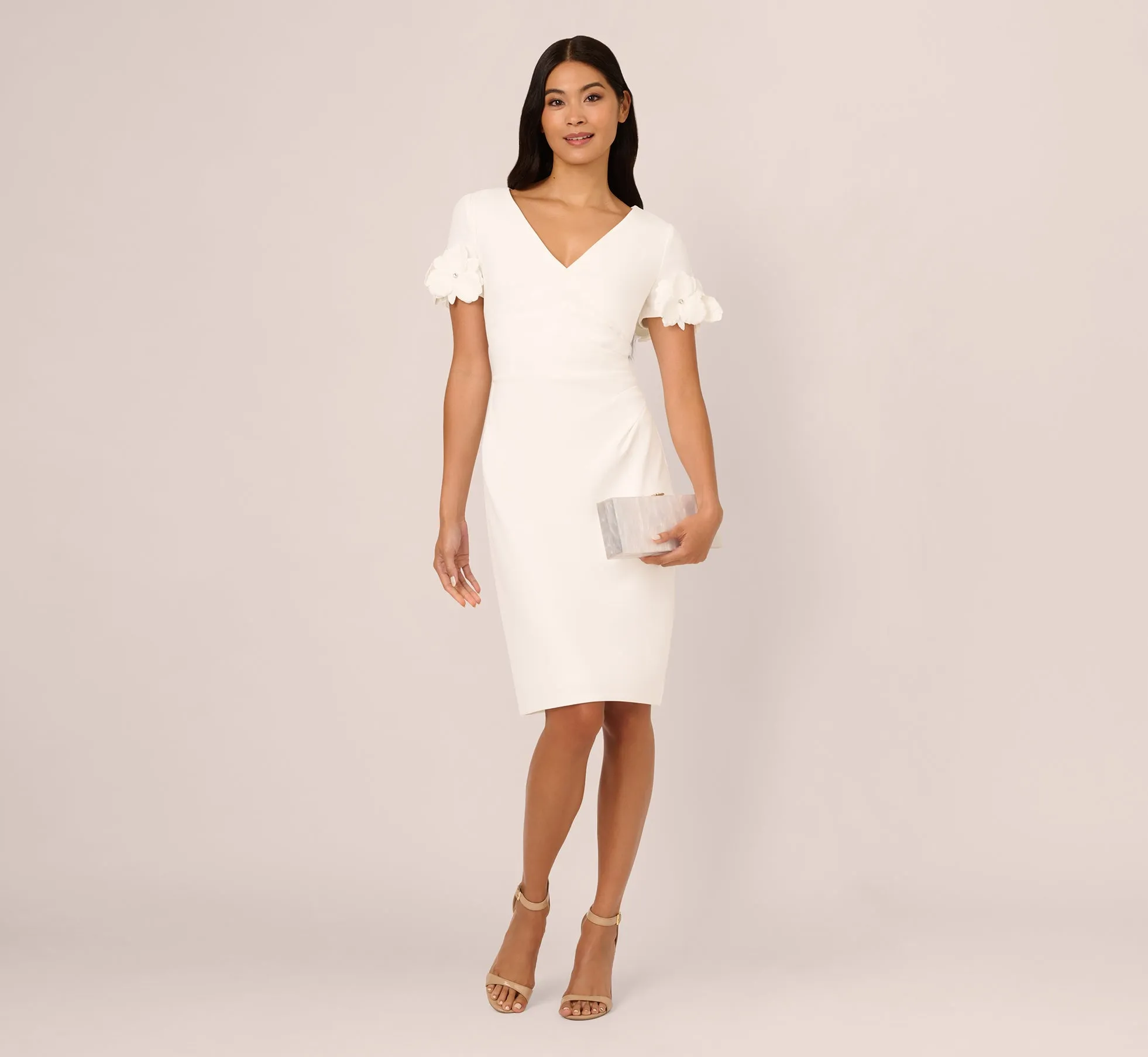 Crepe Faux Wrap Sheath Dress With Floral Accent Short Sleeves In Ivory sold by Adrianna Papell product image thumbnail 2
