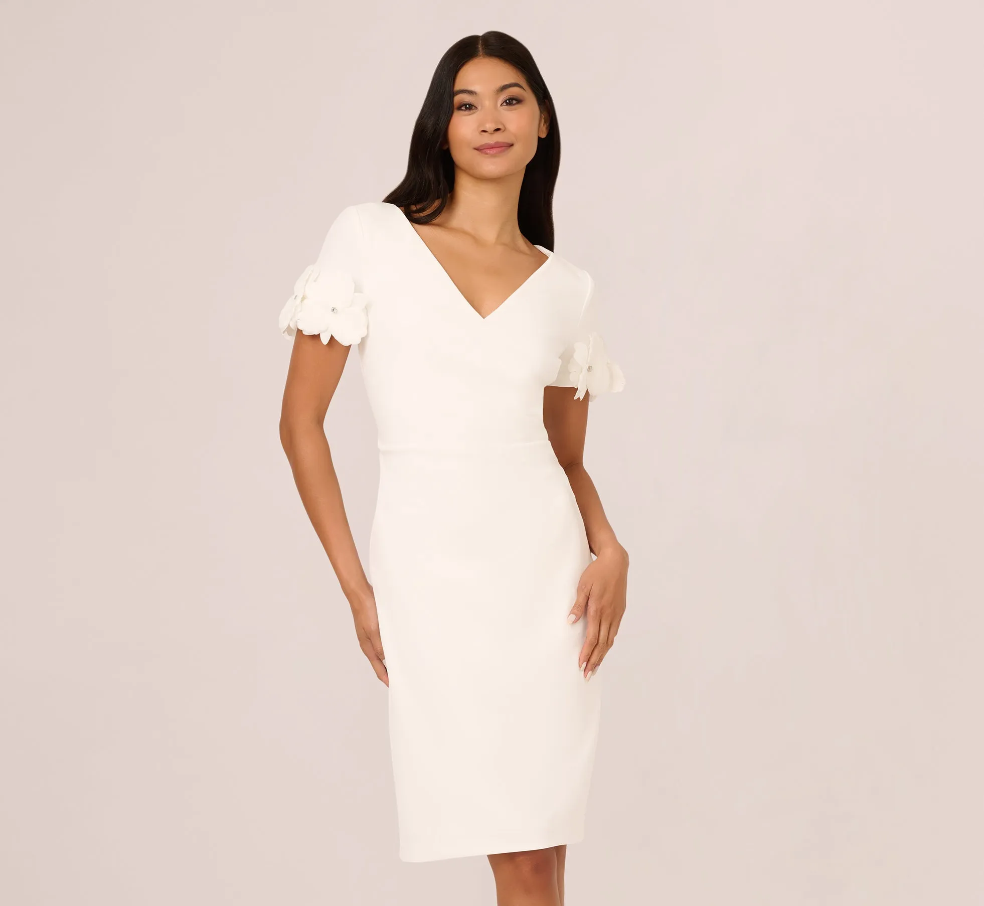 Crepe Faux Wrap Sheath Dress With Floral Accent Short Sleeves In Ivory sold by Adrianna Papell