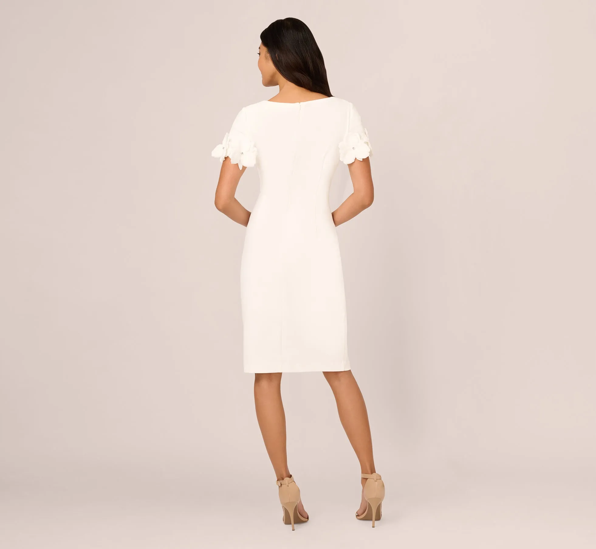 Crepe Faux Wrap Sheath Dress With Floral Accent Short Sleeves In Ivory sold by Adrianna Papell product image thumbnail 5