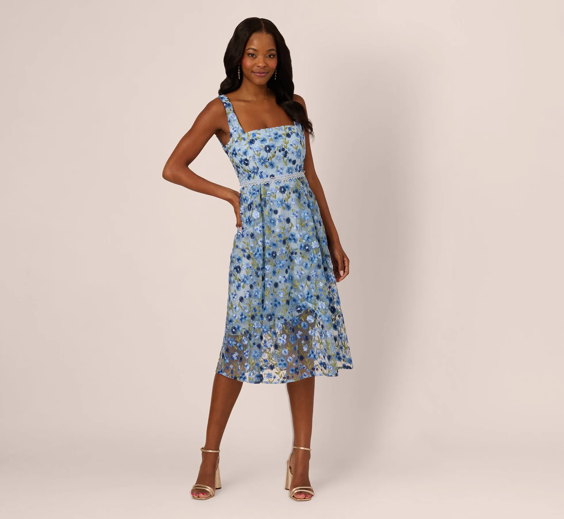 Sleeveless Square Neck Floral Embroidered Midi Dress In Blue Multi sold by Adrianna Papell