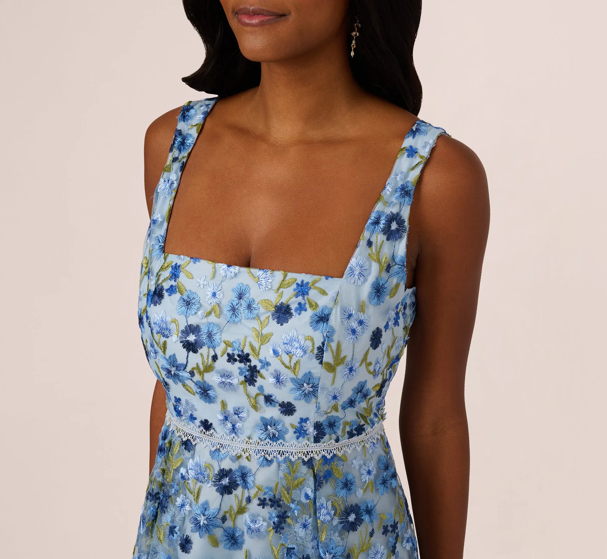 Sleeveless Square Neck Floral Embroidered Midi Dress In Blue Multi sold by Adrianna Papell product image thumbnail 3